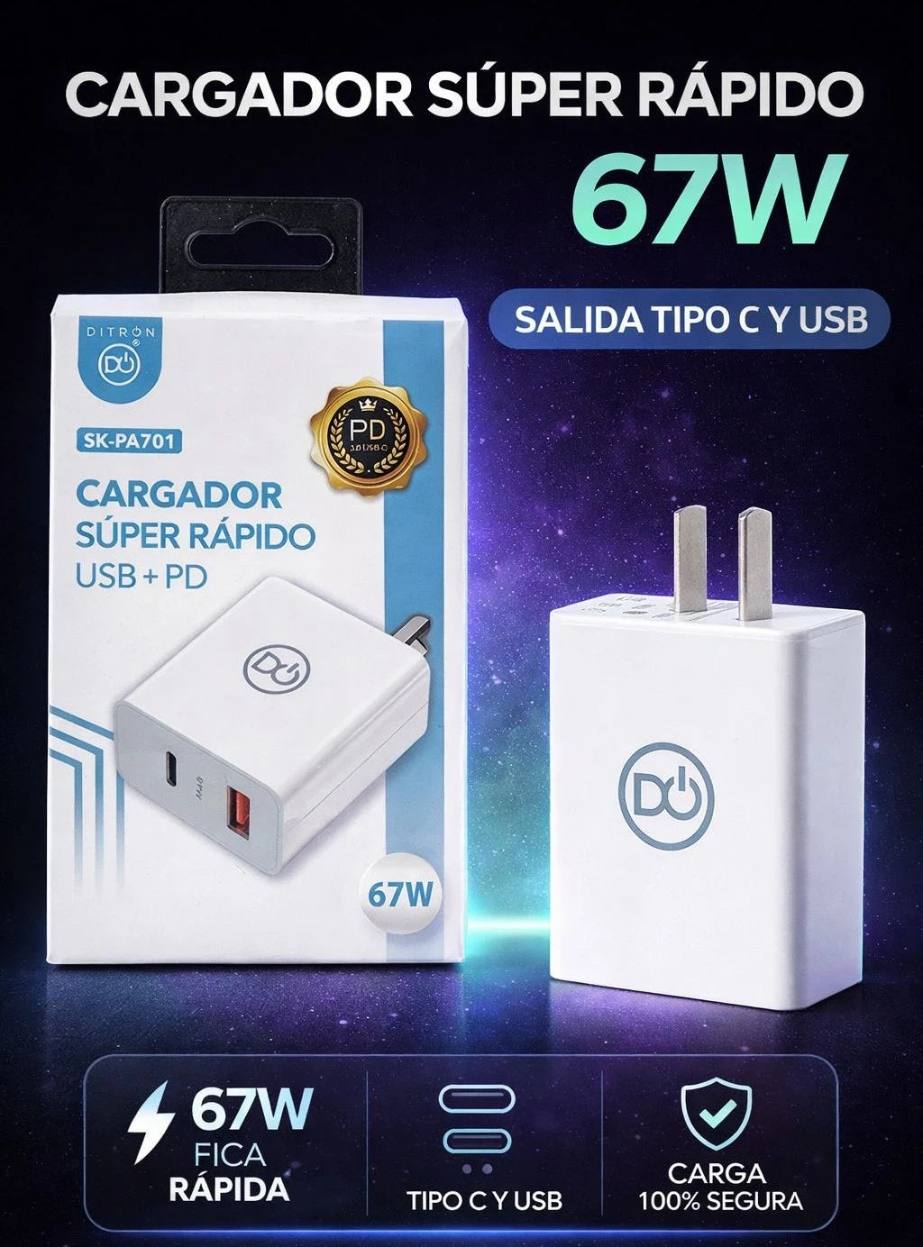 CARGADOR CELULAR DYTRON 67W SALIDA USB Y SALIDA TIPO C, CARGA SUPER RÁPIDA