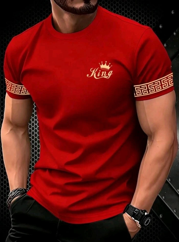 Manfinity Homme Camiseta Masculina de Manga Curta Vermelha Clássica e Versátil, Ícone "Rei"  2