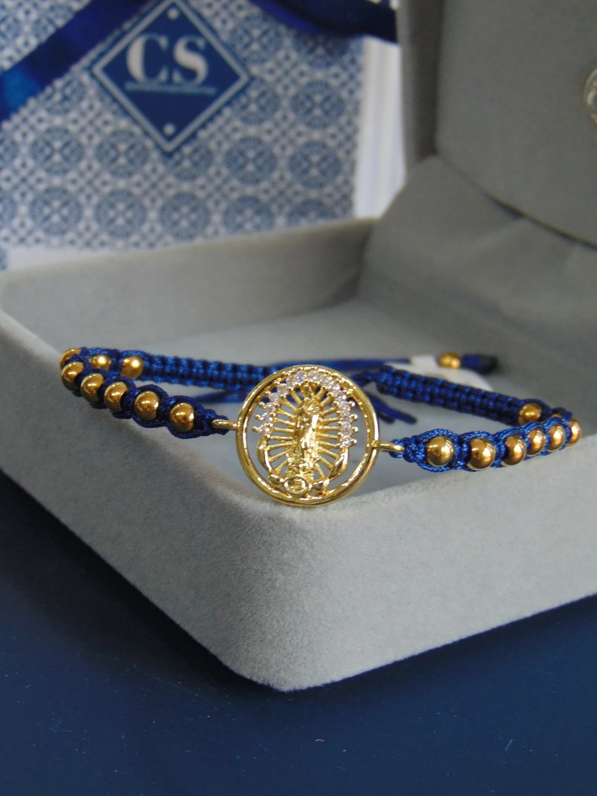 PULSERA RODIO TEJIDA BALINES DOR DIJE GUADALUPE 2