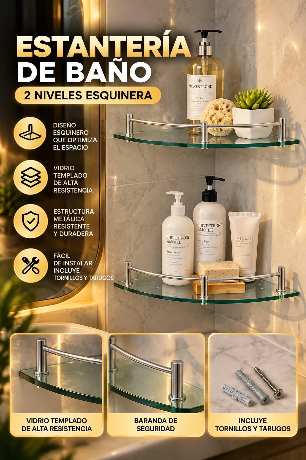 ESTANTERÍA DE BAÑO – 2 NIVELES ESQUINERA