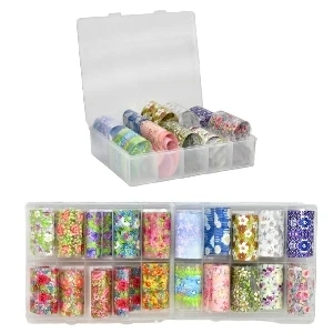 DECORACION PARA UNAS PAPEL FOIL "FLORES" 10 ESPACIOS CAJA DE PLASTICO