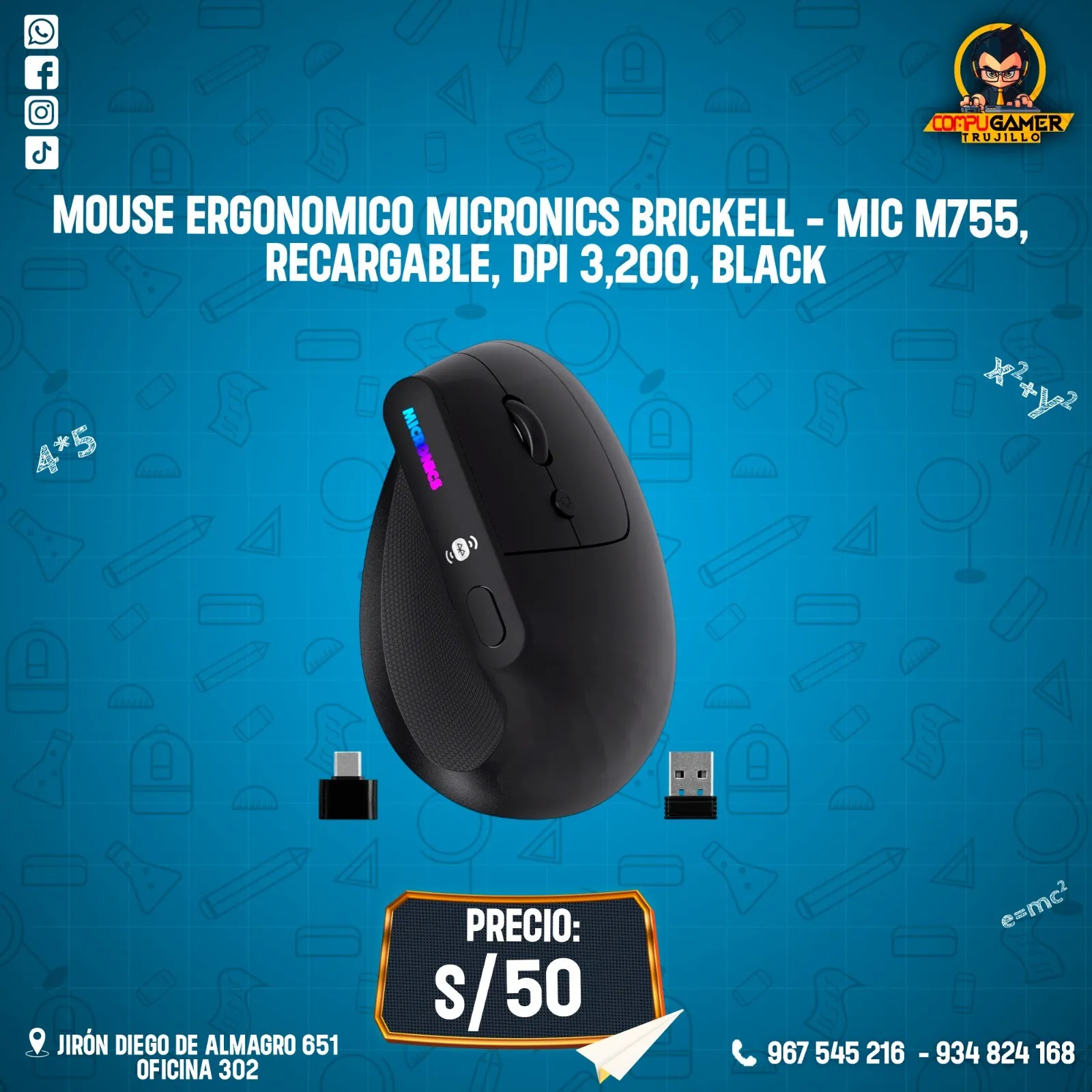 MOUSE ERGONÓMICO MICRONICS BRICKELL-MIC M755 BLACK