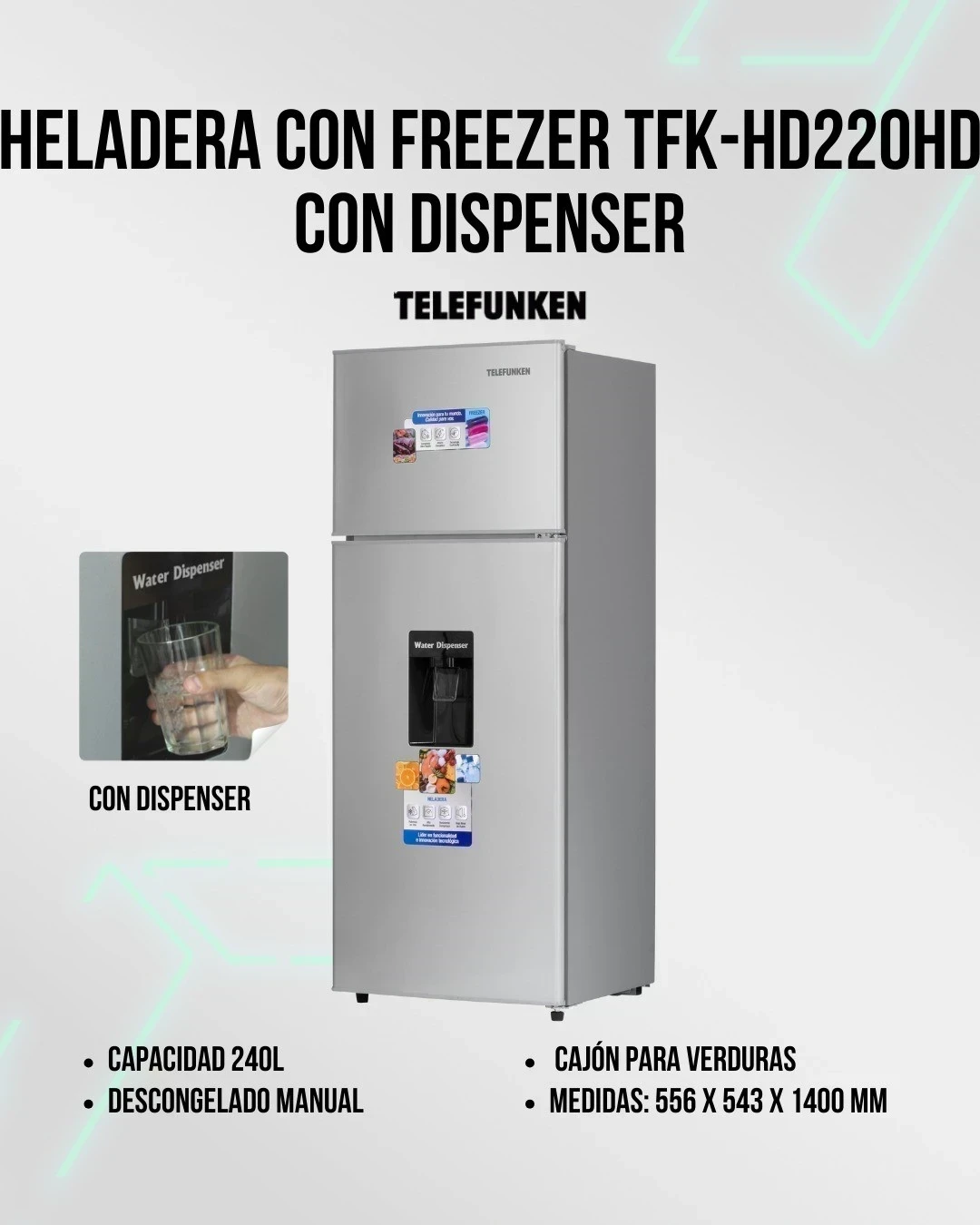 HELADERA TELEFUNKEN C/DISPENSER SILVER 240LTS* 