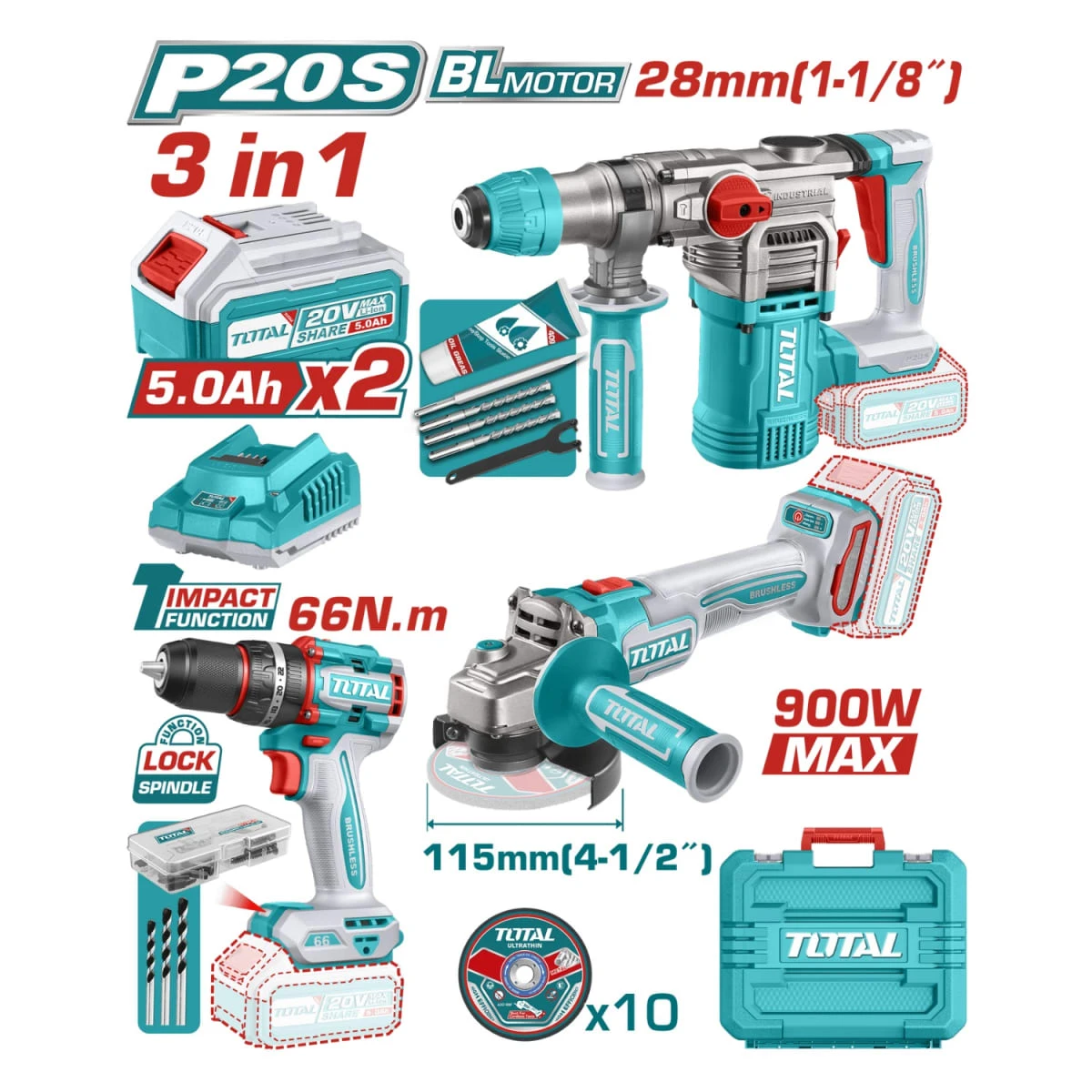 TOSLI241183 Taladro percutor 66nm + rotomartillo + amoladora industrial total 