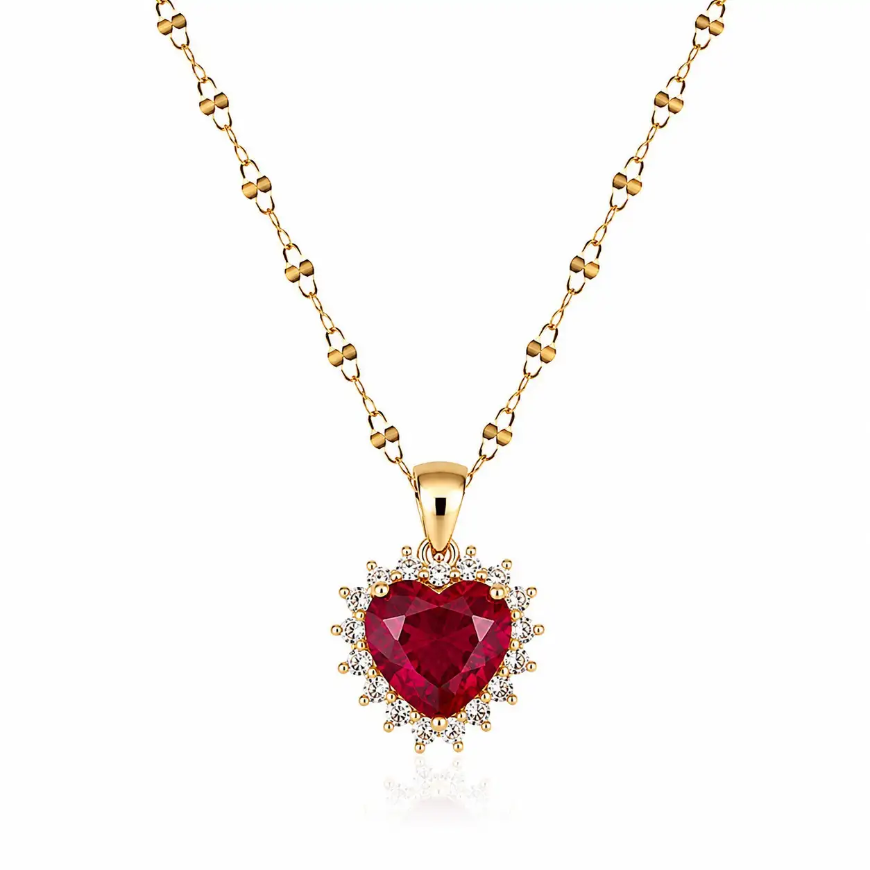 Cadena Y Dije En Acero Con Piedra Circon De Corazon Rojo