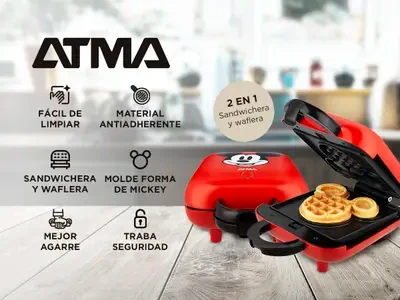 Waflera Sandwichera Atma Eléctrica 2 en 1 Roja Disney