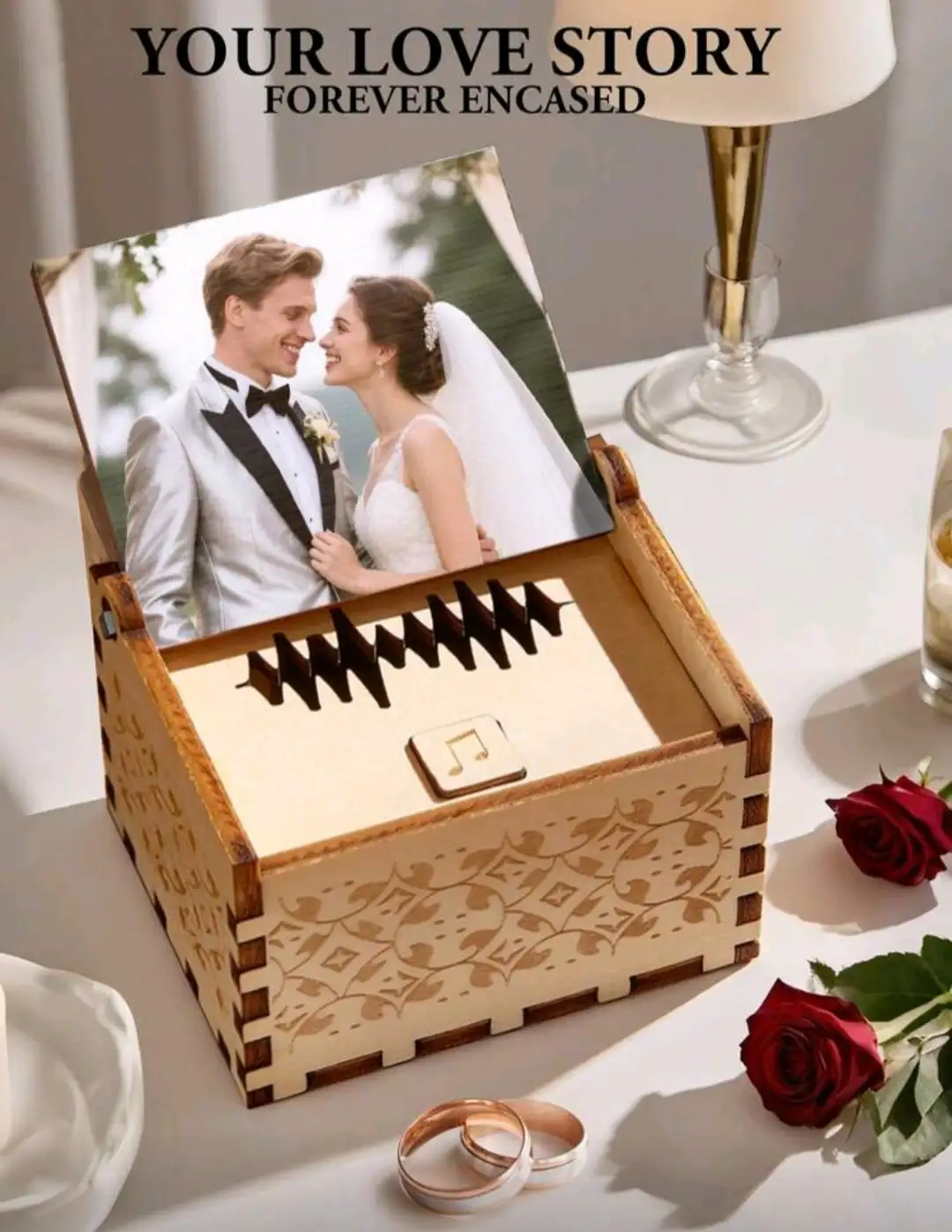 Caja de música personalizada para boda - Recuerdo de madera con grabado láser personalizado con foto y mensaje sincero, regalo de boda, regalo del Día de la Madre, regalo del Día del Padre, regalo único para parejas, papá, mamá, abuela, nuevas mamás, vínculo madre-hija, primer Día de la Madre, celebración de aniversario, regalo de vacaciones de verano, regalo conmemorativo, multifuncional, ornamental, de alta calidad, regalos ideales para ella, salón de té, para el Día de San Valentín, para el Día de la Madre, para el Día del Padre, para la graduación, para bodas, para el estreno de una casa, multifuncional, ornamental, reutilizable, exquisito, elegante, de alta calidad, colorido, moderno, personalizado, único, regalos ideales para él, regalos ideales para ella, novio, papá, novia, mamá, familia, amigos, salón de té, hogar, jardín, oficina, para aniversarios, para el Día de San Valentín, para el Día de la Madre, para cumpleaños, para el Día del Padre, para graduación, para boda 3