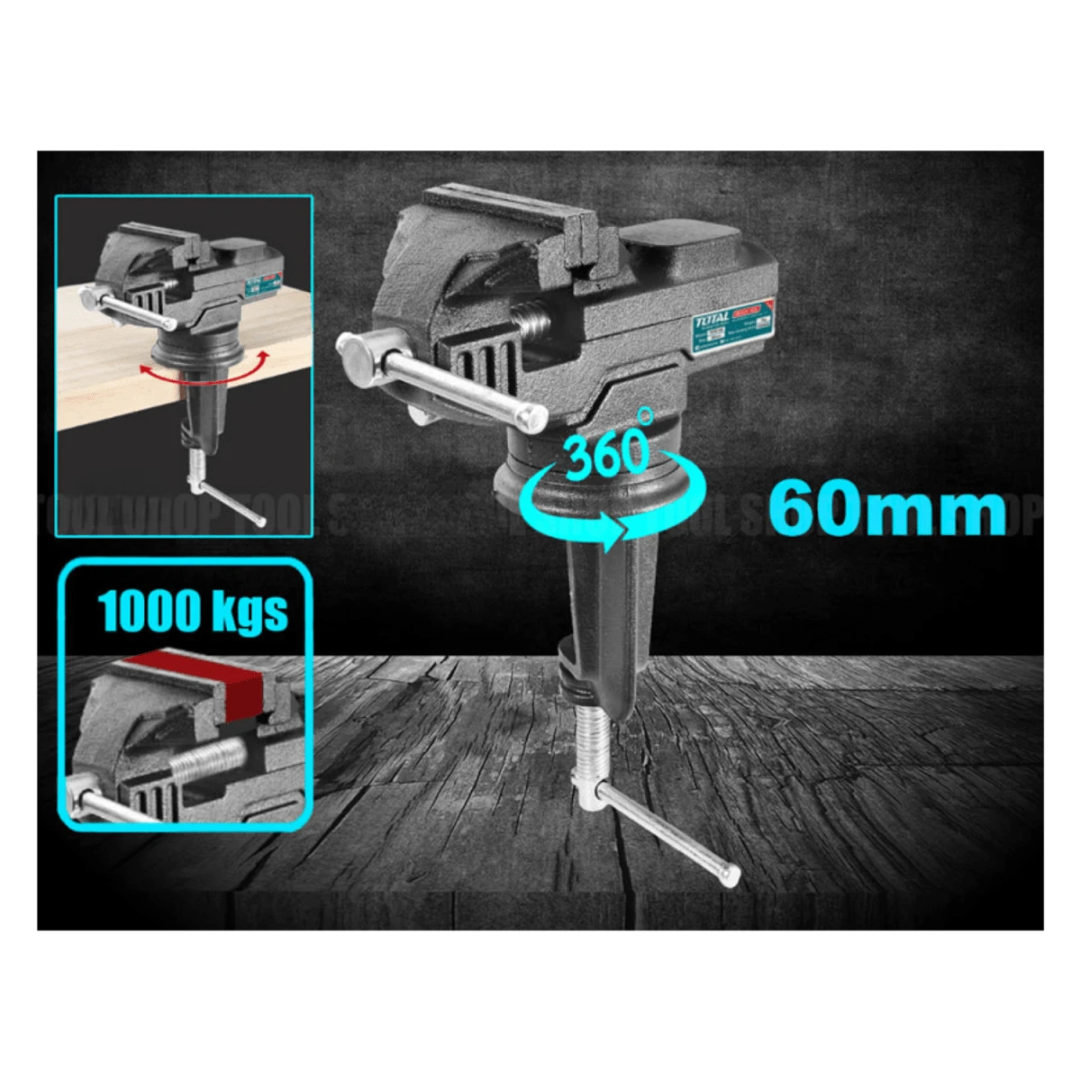 Tornillo de banco con base giratoria 60mm soporta 100kg total 2