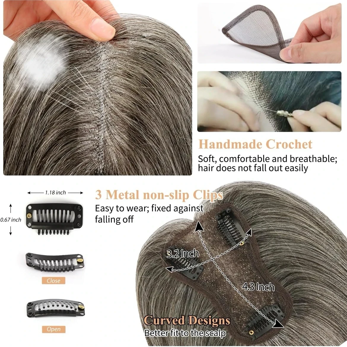  Toppers para el cabello humano real para mujer, color gris sal y pimienta,  2
