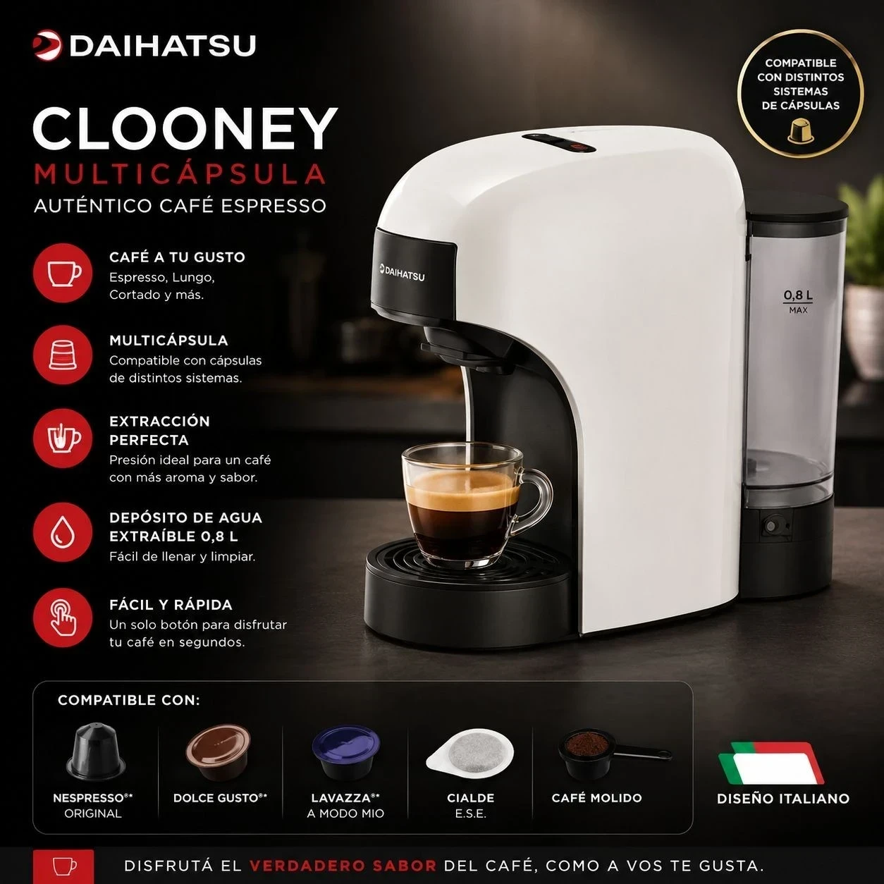 CAFETERA EXPRESSO DAIHATSU CLOONEY MULTICAPSULA 20 BARES 