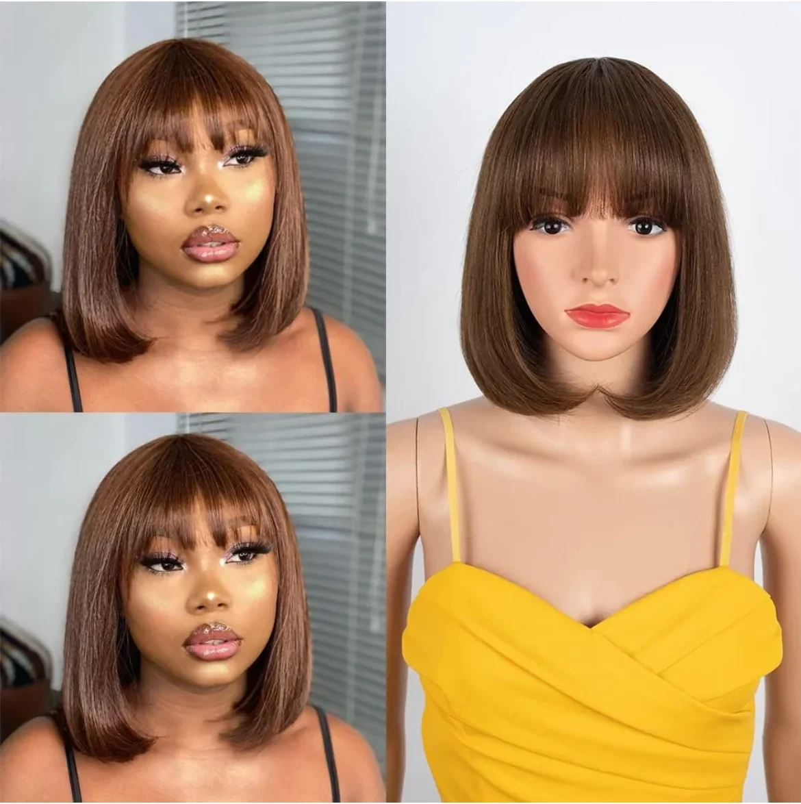 Pelucas de cabello lacio estilo Bob con flequillo 10”, sin encaje frontal,  virgen brasileño