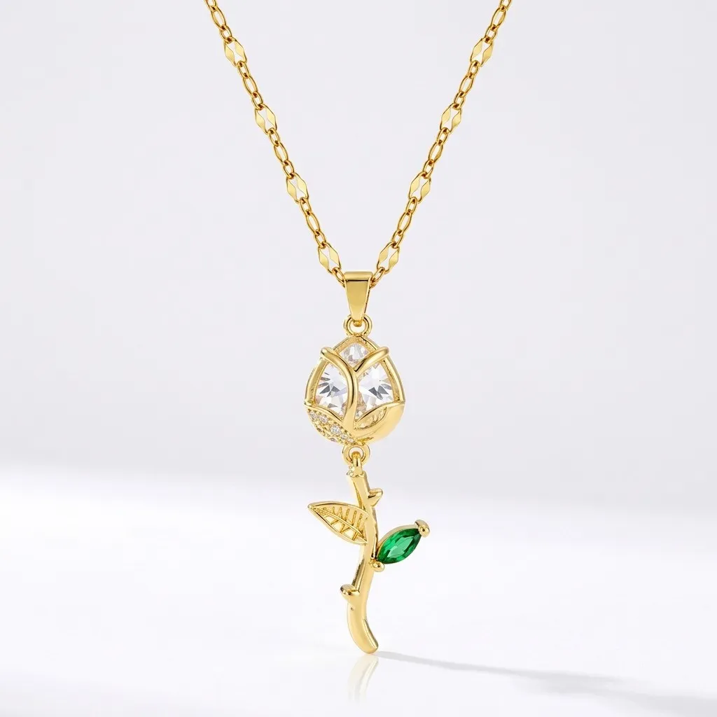Cadena Y Dije En Acero Con Piedra Circon De Tulipan Blanco