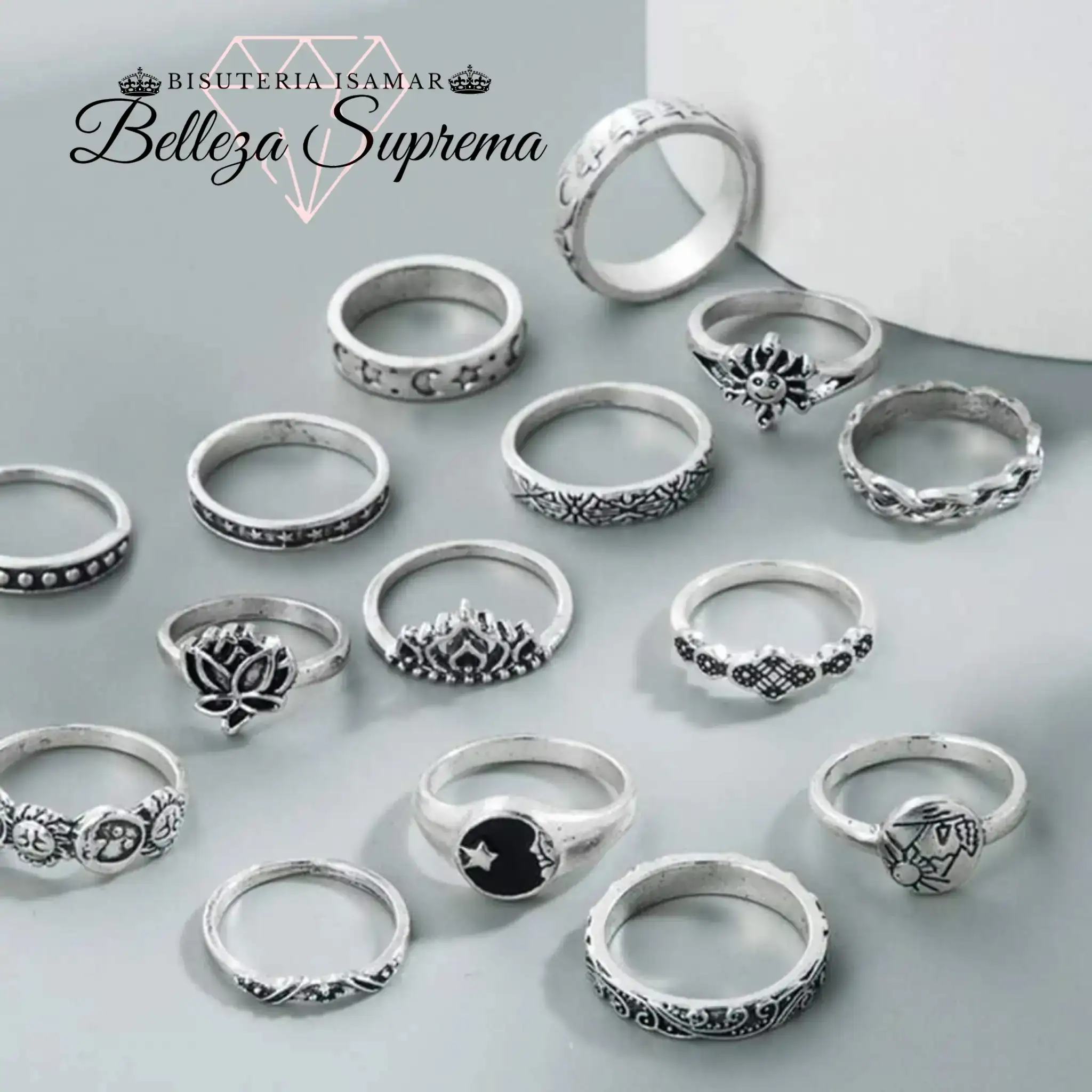 SET DE 17 ANILLOS EN PLATA QUEMADA LUNA SOL 3