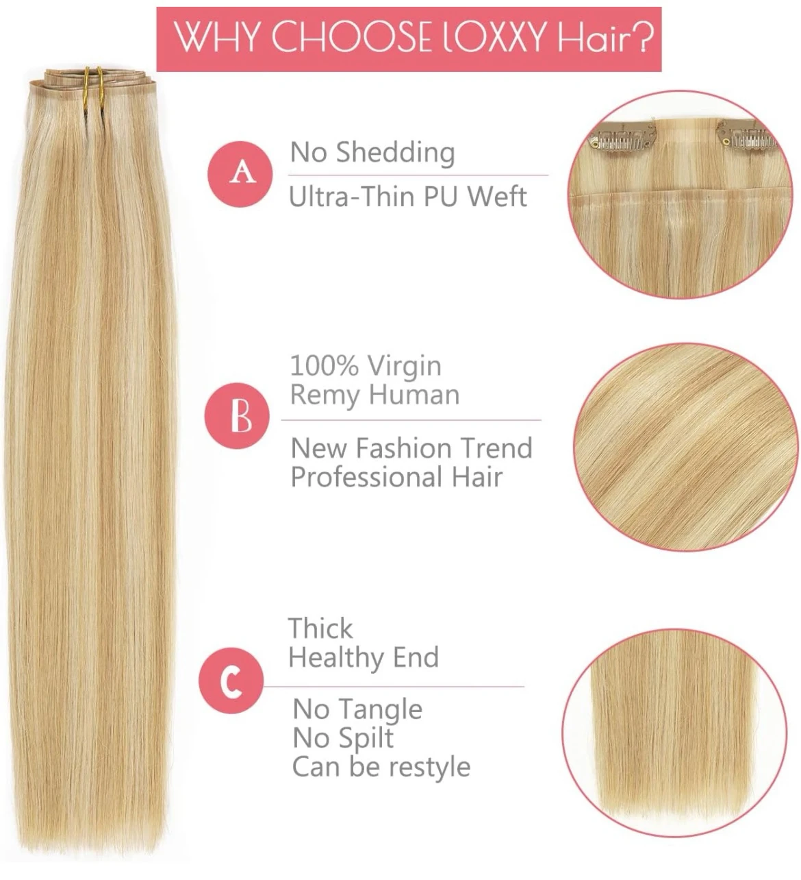 Extensiones de cabello humano con clip de 16”, 100% Remy, nueva tecnología, trama de poliuretano, sin costuras, extensiones de cabello natural, lacio, marrón dorado claro, mezclado con rubio platino, piano 2