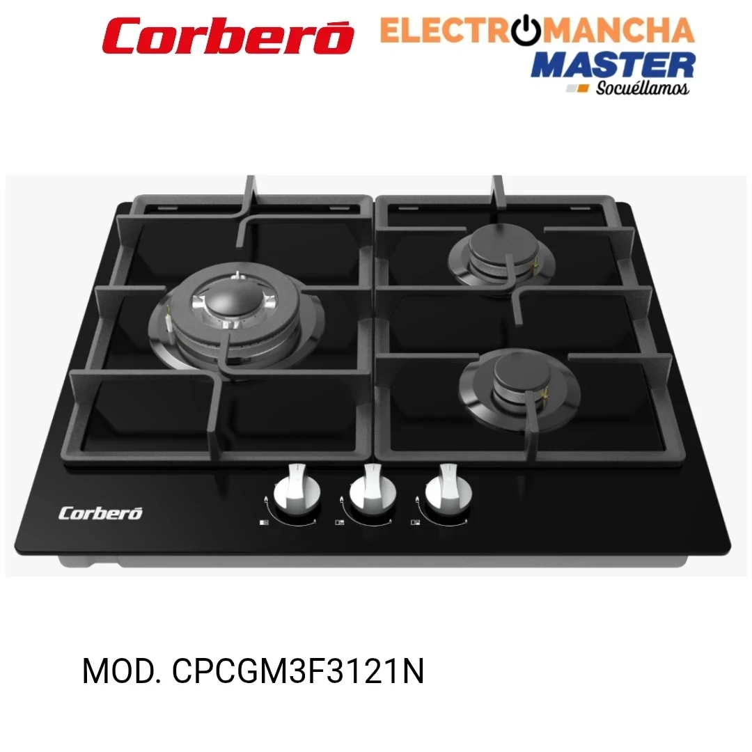 PLACA A GAS CORBERO CPCGM3F3121N CRISTAL 3 FUEGOS BUTANO 2