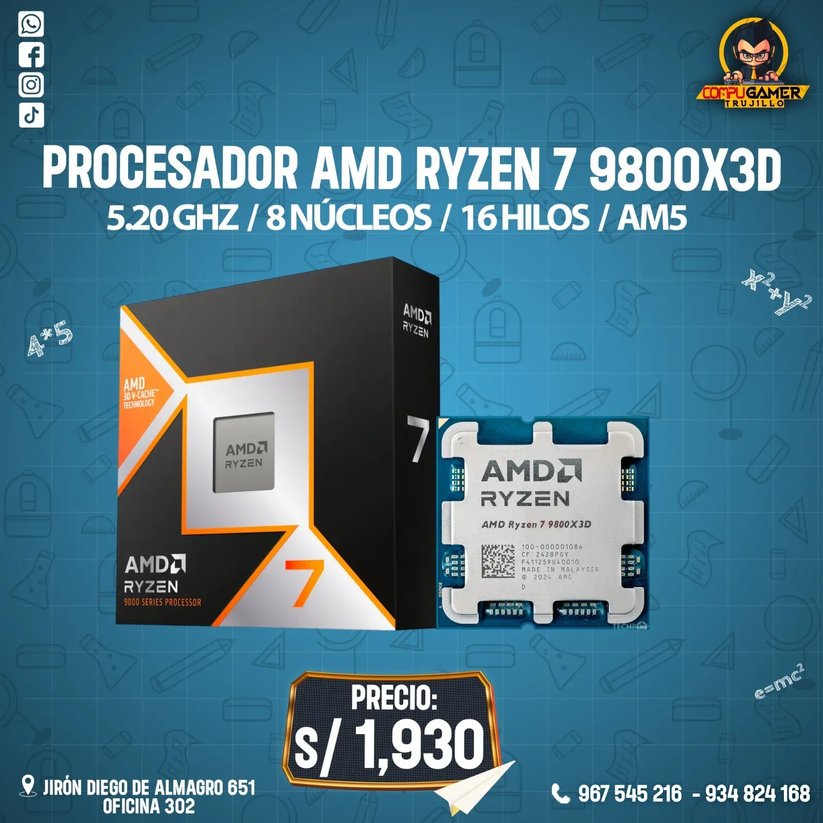 PROCESADOR AMD RYZEN 7 9800X3D, AM5, 5.20GHZ, 8 NÚCLEOS, 16 HILOS