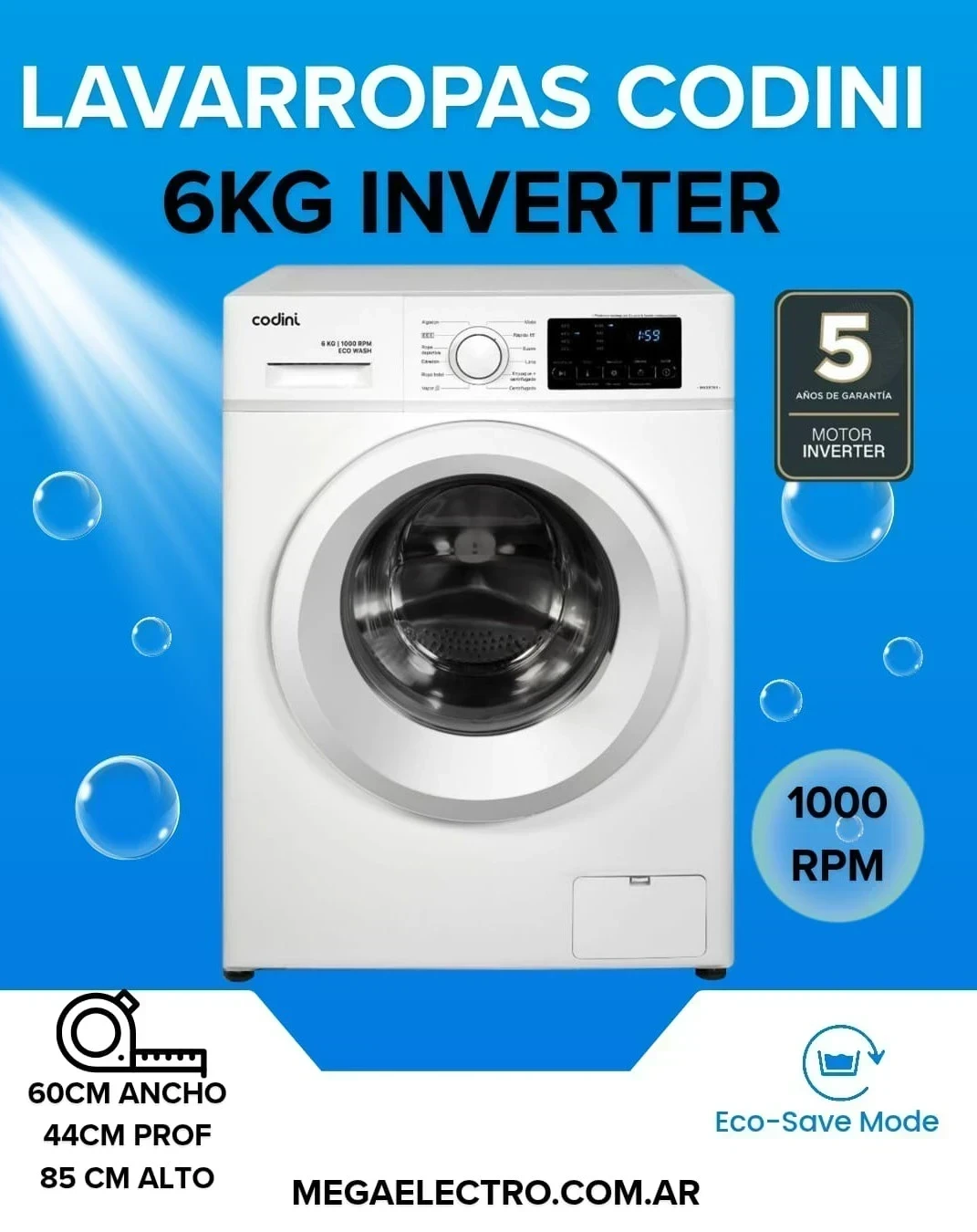 LAVARROPAS CODINI 6KG ECO WASH 1000 RPM