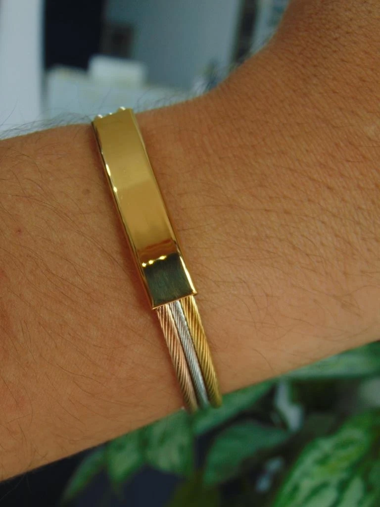 PULSERA ACERO 3 TONOS HOMBRE ARO GUAYAS PLACA DORADA 3