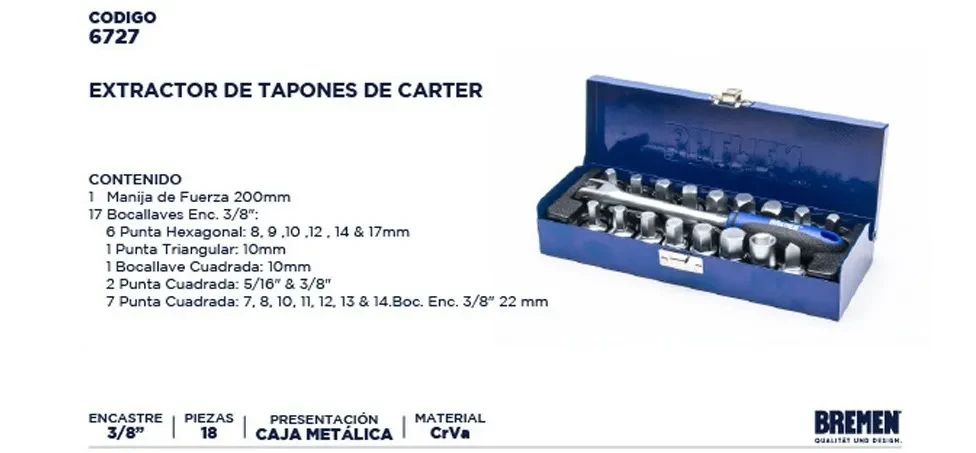 Kit Extractor Tapones Carter Bremen 18 Pz Manija Fuerza 3/8 2