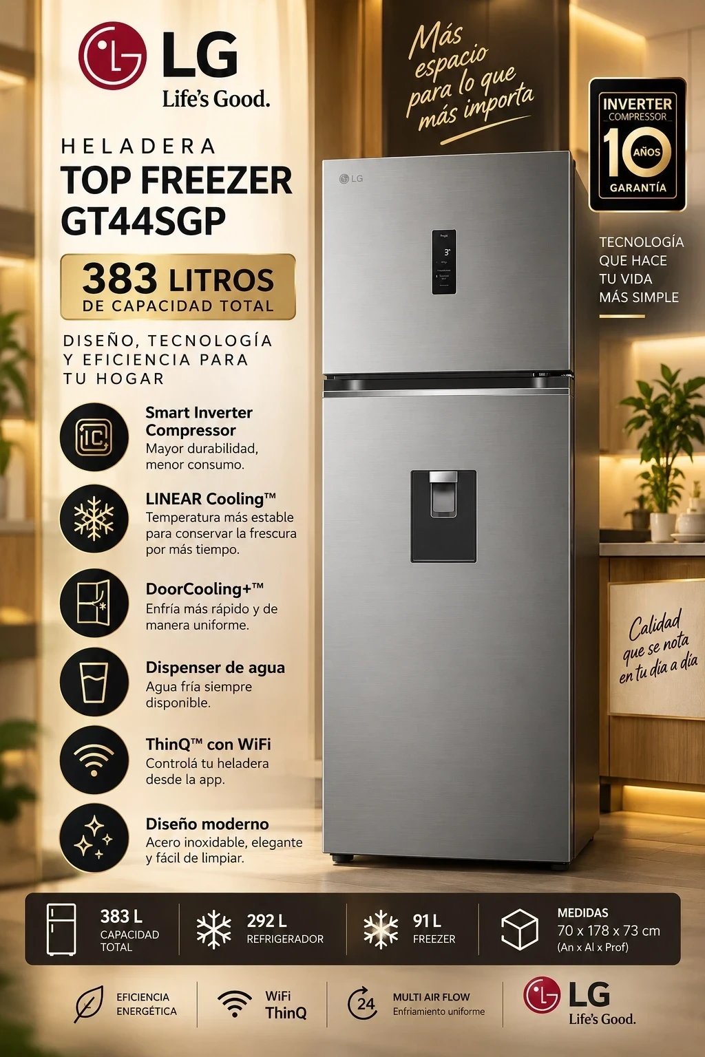 HELADERA LG TOP 383L C/DISPENSER SILVER INVERTER CONSULTAR DISPONIBILIDAD CON EL VENDEDOR