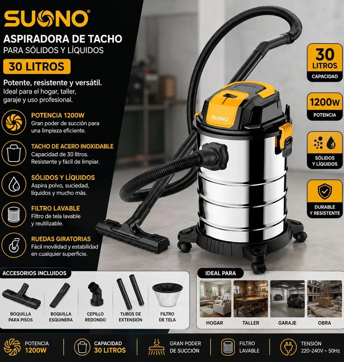 Aspiradora TACHO SUONO Industrial 1300 W 30 Lts Acero Inoxidable 