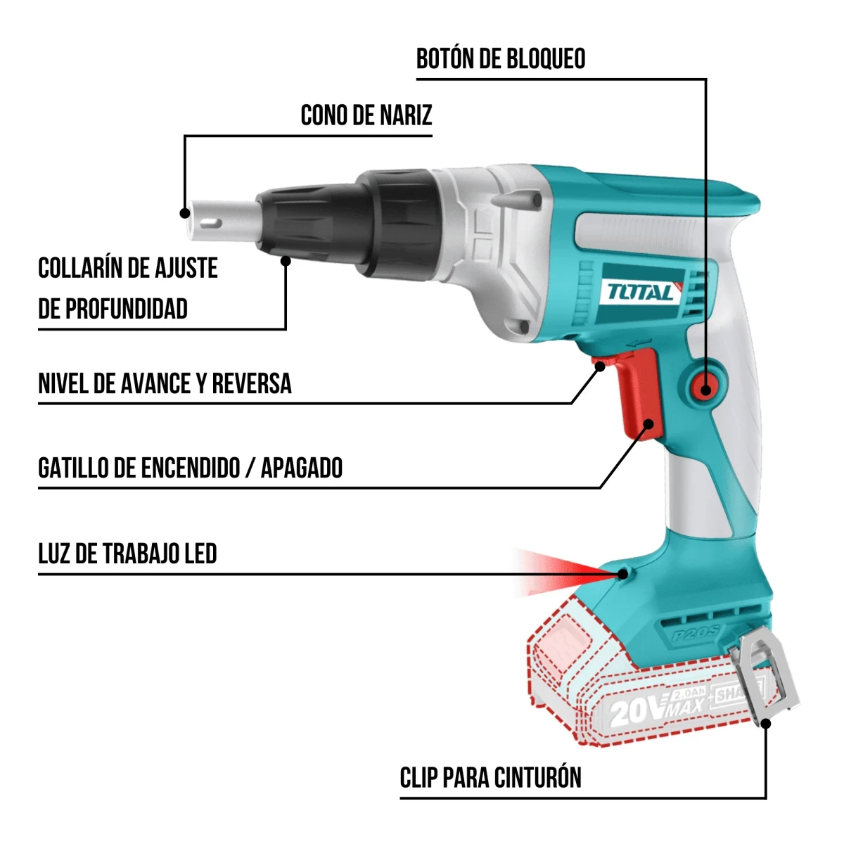 TDSLI204200 Atornillador de drywall 20v + bateria 2ah y cargador total 4