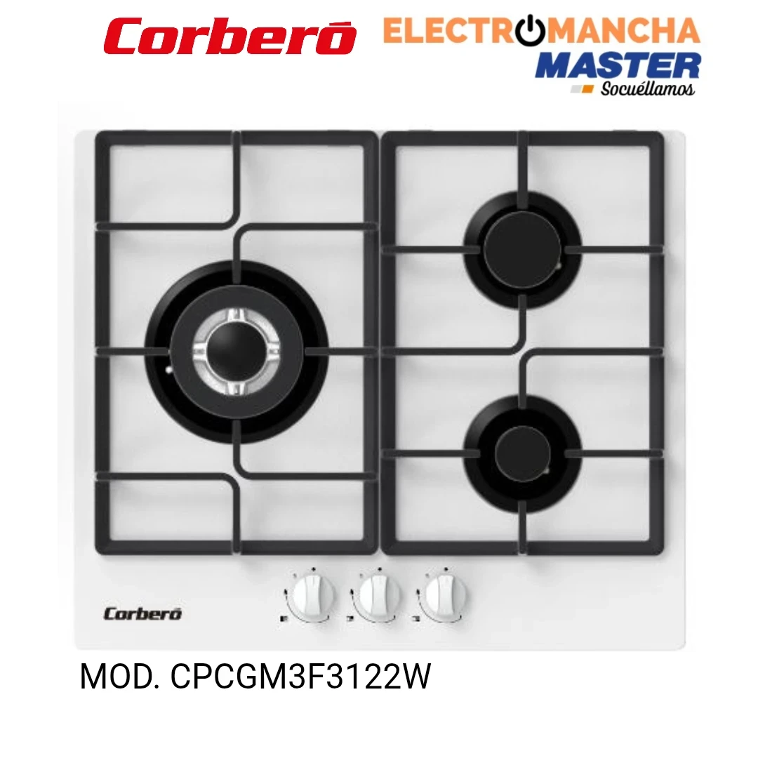 PLACA GAS CORBERO CPCGM3F3122W CRISTAL BLANCO 3 FUEGOS BUTANO 3