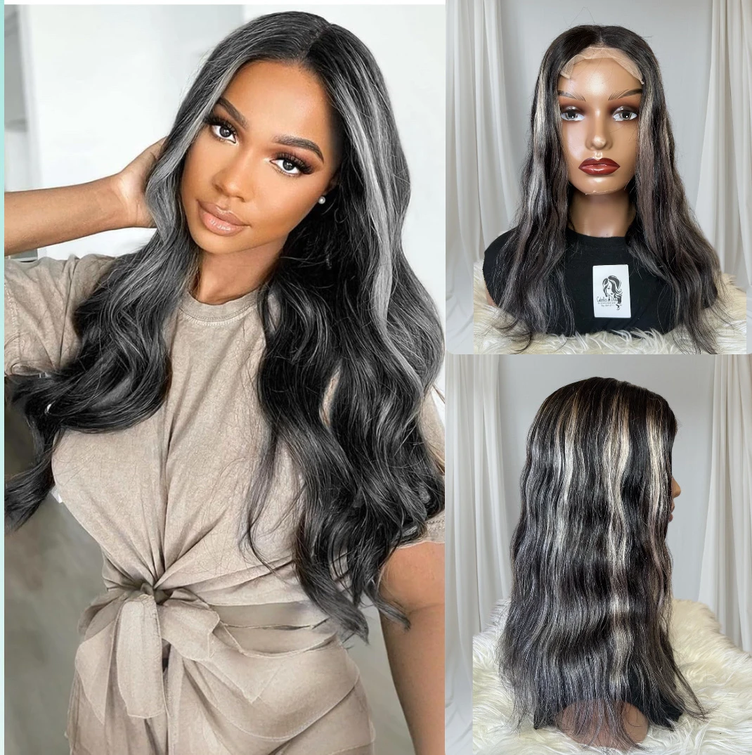 Peluca de cabello humano ondulado con reflejos grises 16”