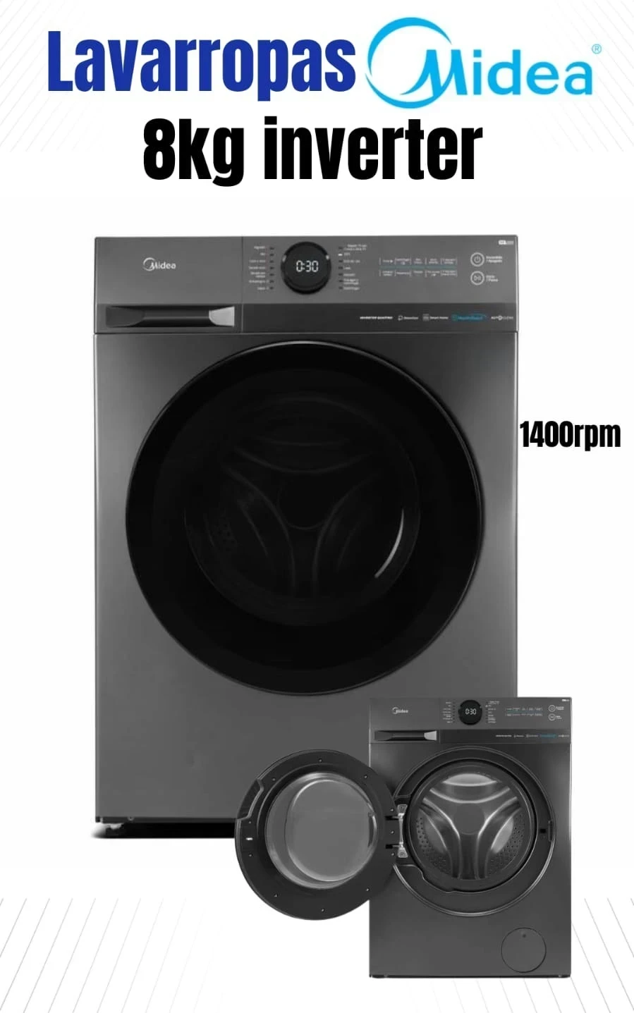 Lavarropas Midea Carga Frontal Inverter Wi-Fi 8kg 1400rpm MF200 Titanium