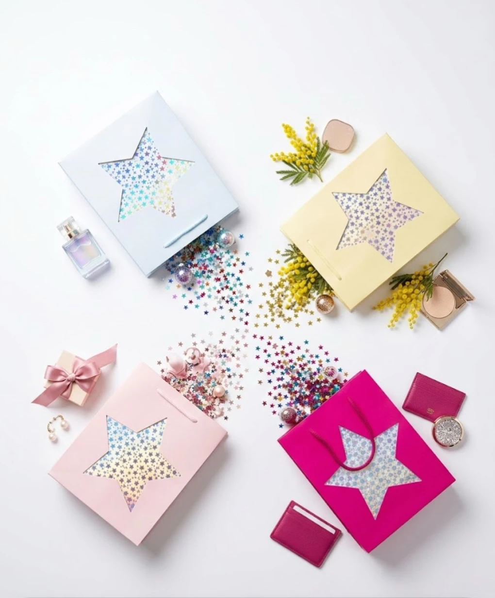 Set de Bolsas de Regalo Premium "Ventana Estrella": Docena de Colores Pastel