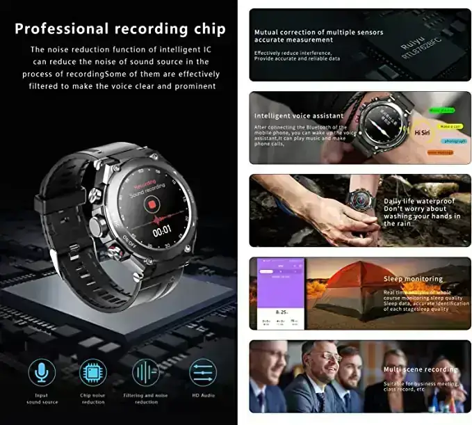 Reloj inteligente T92 con auriculares MP3 Bluetooth 3 en 1 de 1.28 pulgadas, auriculares inalámbricos incorporados, altavoz, rastreador de fitness, música, temperatura corporal, monitor de frecuencia cardíaca (negro) 3