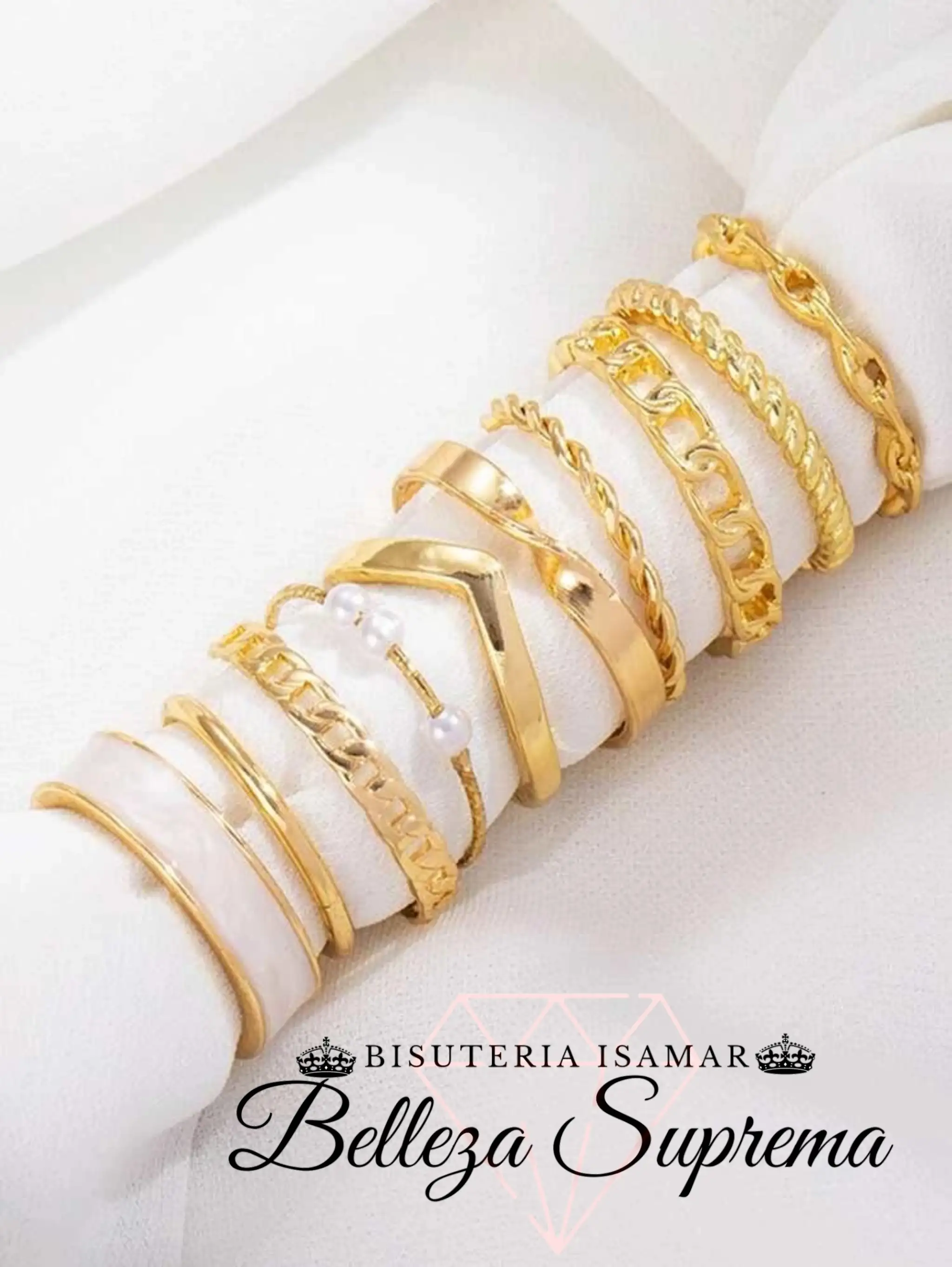 SET DE ANILLOS DORADOS CADENA CUERDA PERLAS 10 3