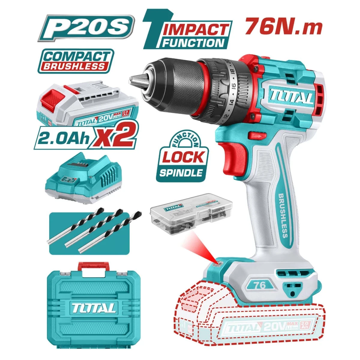 TIDLI20768 Taladro percutor 76nm + 2 baterías y cargador industrial total