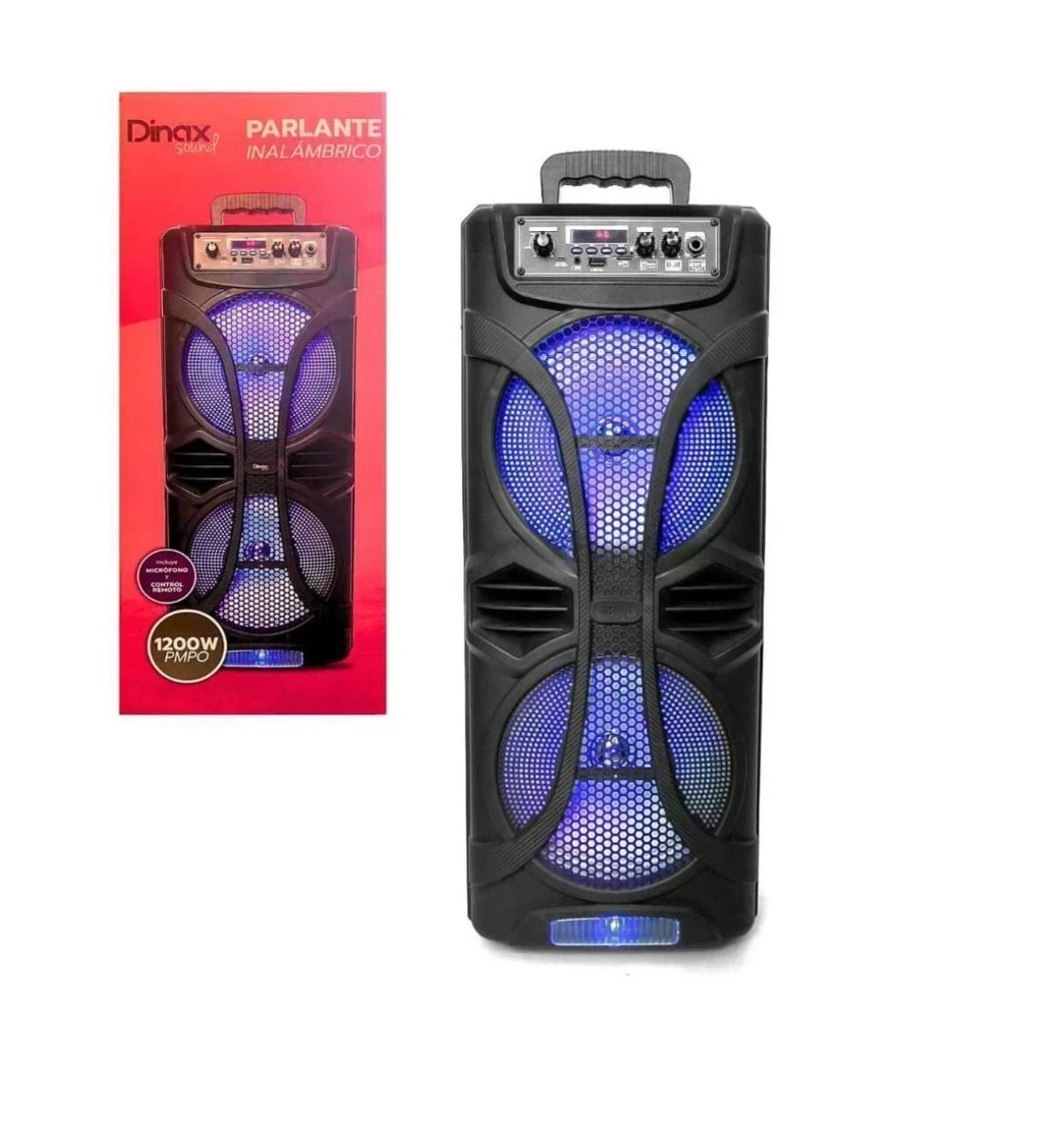 PARLANTE DINAX 1200W CON LUCES LED, MICRÓFONO Y CONTROL REMOTO