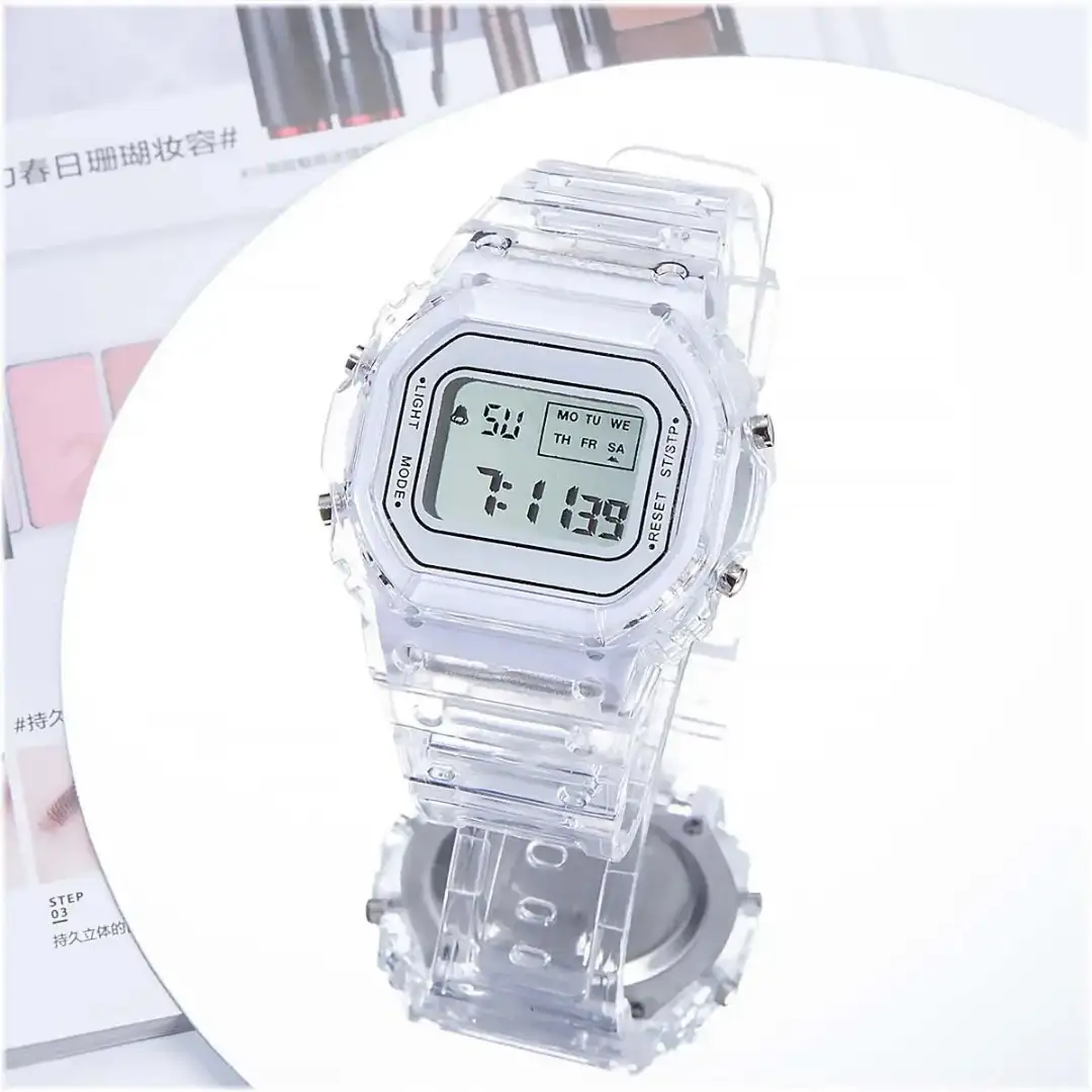 Reloj Deportivo Digital Cuadrado Transparente Blanco 2