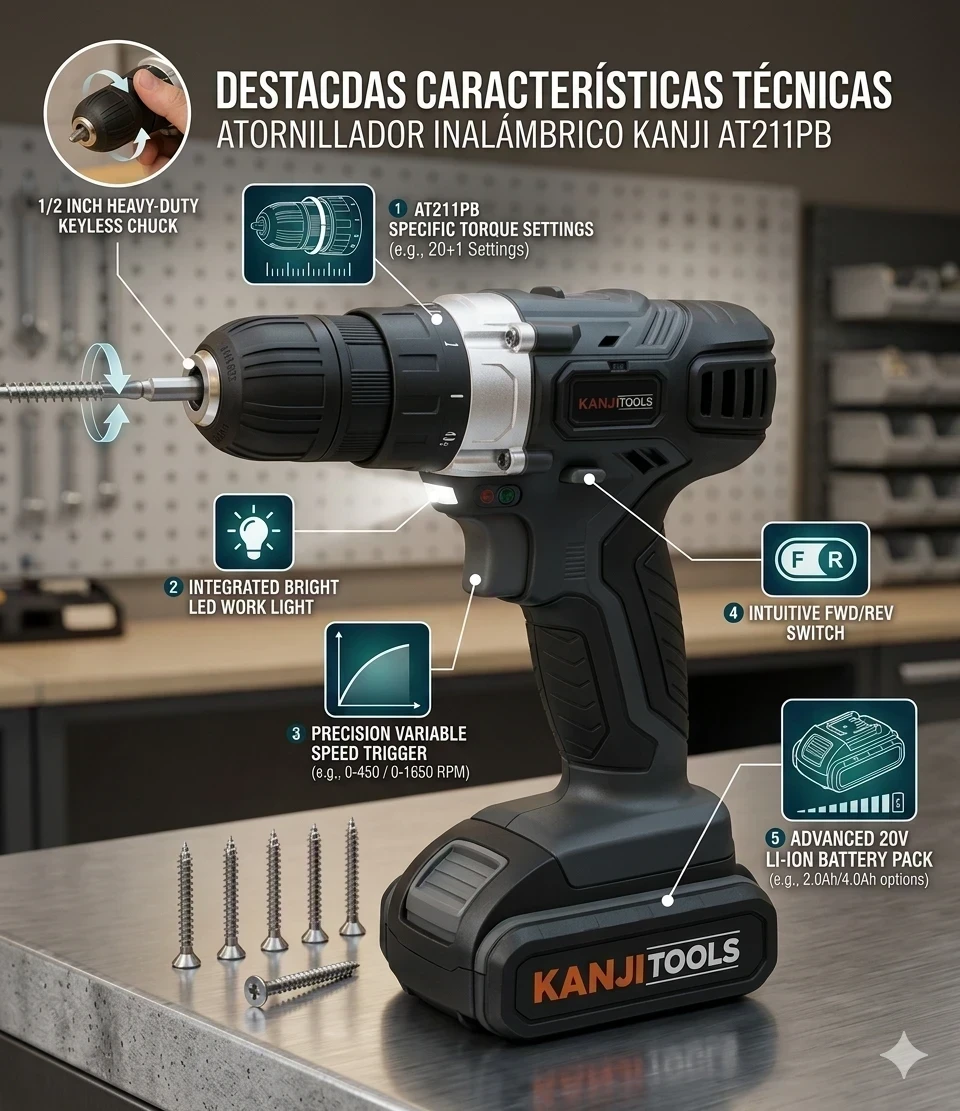 Taladro Atornillador Inalámbrico Kanji Tools 21V Kjt-at211pb.