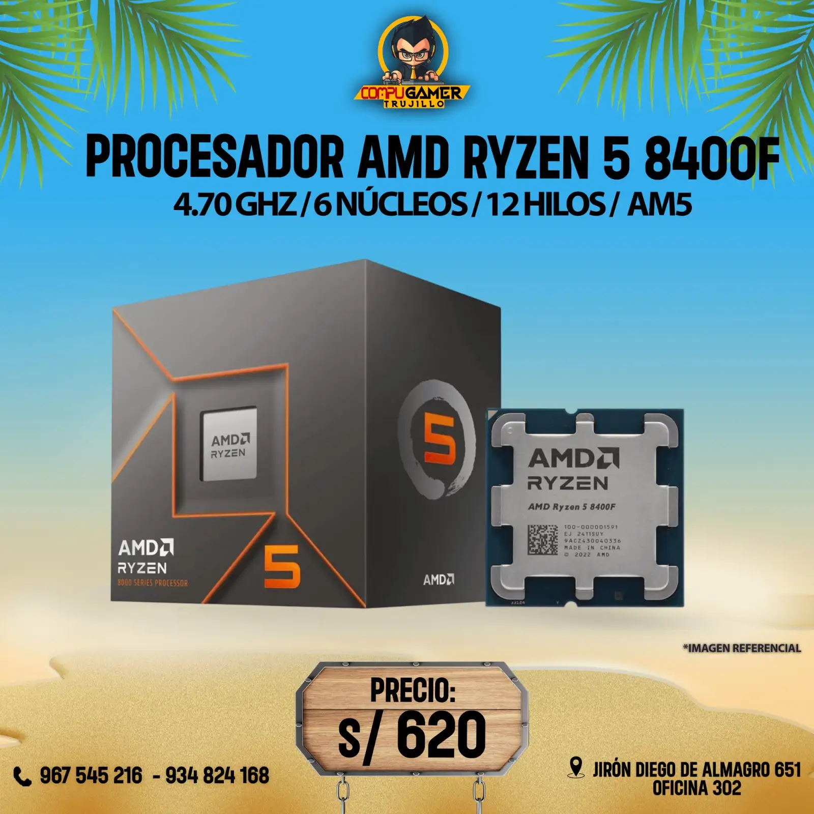 PROCESADOR AMD RYZEN 5 8400F, 6 NÚCLEOS, 12 HILOS, 4.70GHZ, AM5 