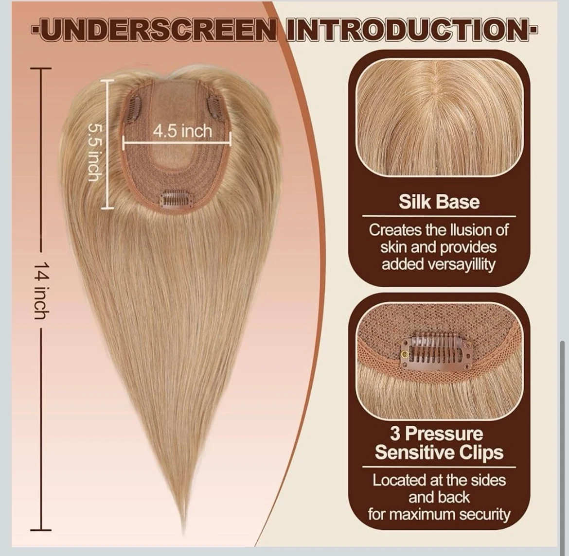 Topper de Cabello Humano para Mujeres, 14 “,  100% Topper de Cabello Humano Remy con Flequillo, Base de Seda de 150% de Densidad 2