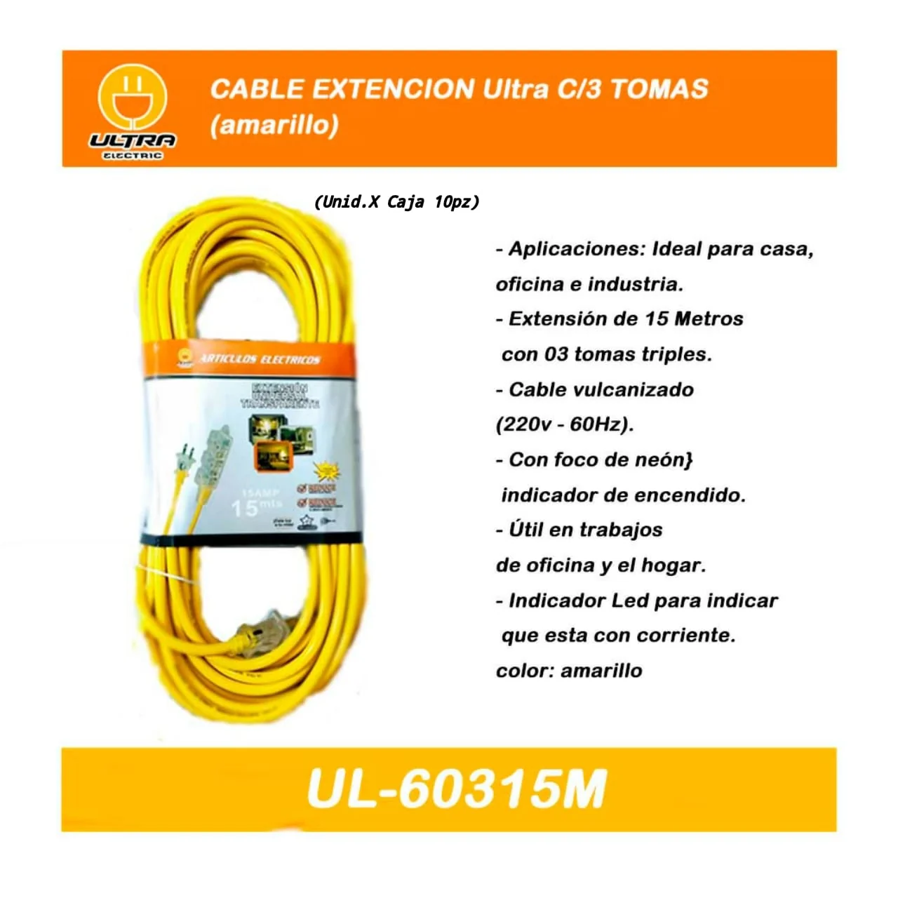 CABLE EXTENCION Ultra C/3 TOMAS 15M (amarillo) 