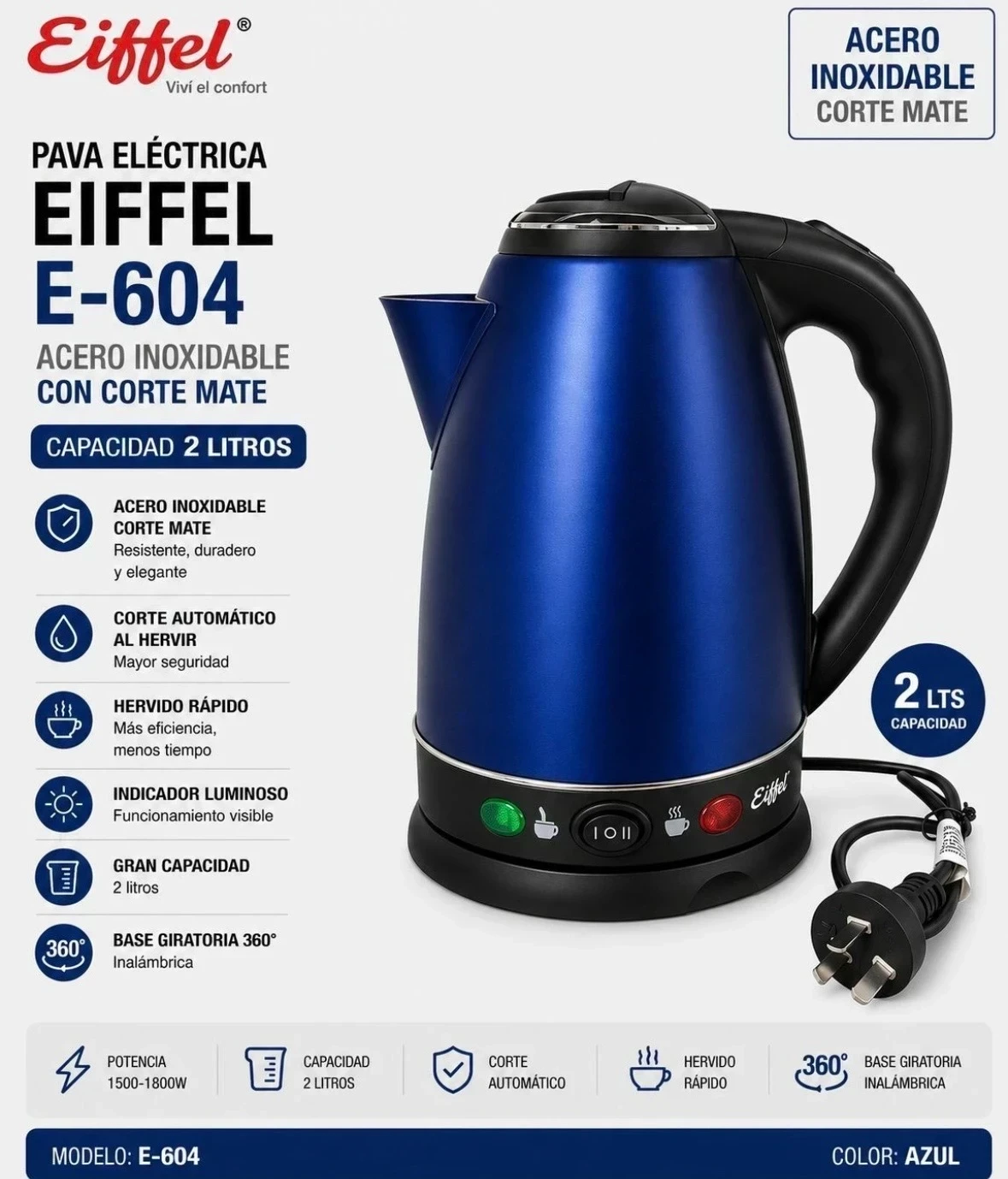 PAVA EIFFEL ACERO INOXIDABLE C/CORTE MATE 2 LTS color azul