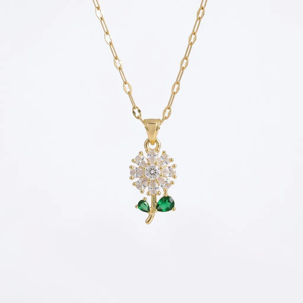 Cadena Y Dije En Acero Con Piedra Circon De Flor Pequeña Margarita 