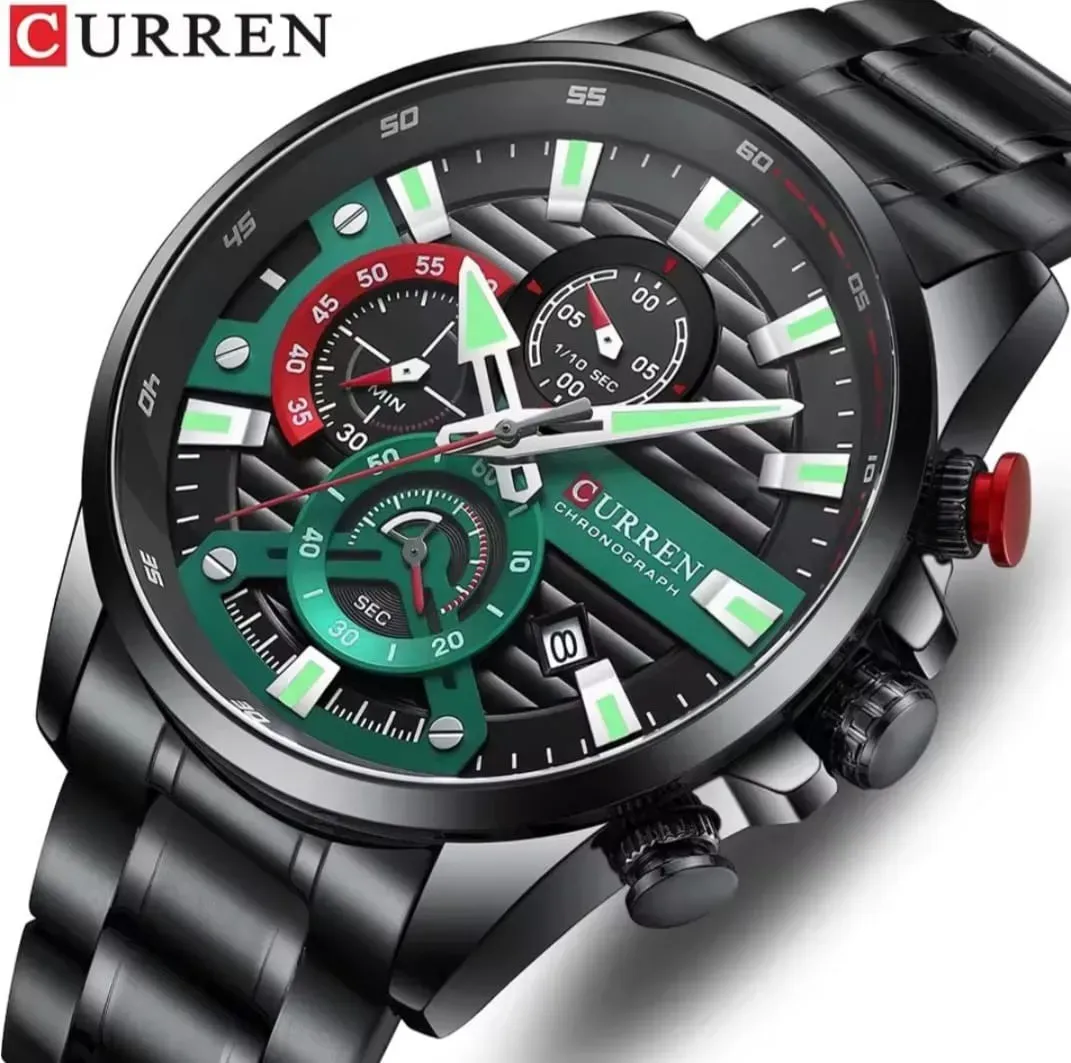 Reloj Curren Original Acero Cronografo 8415 Negro Fondo Negro Verde Rojo
