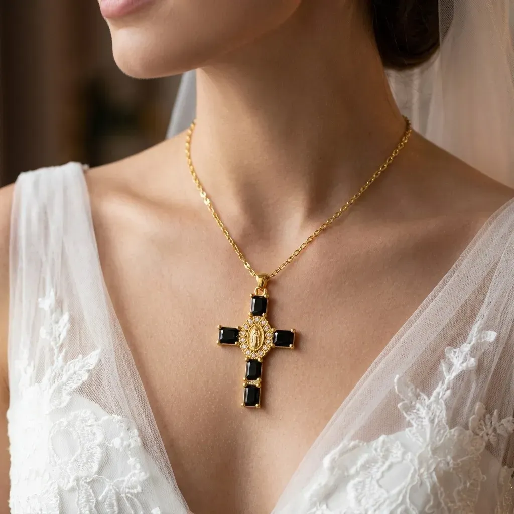 Cadena Y Dije En Acero Con Piedra Circon De Cruz Corazones Virgen De Guadalupe Negra 2