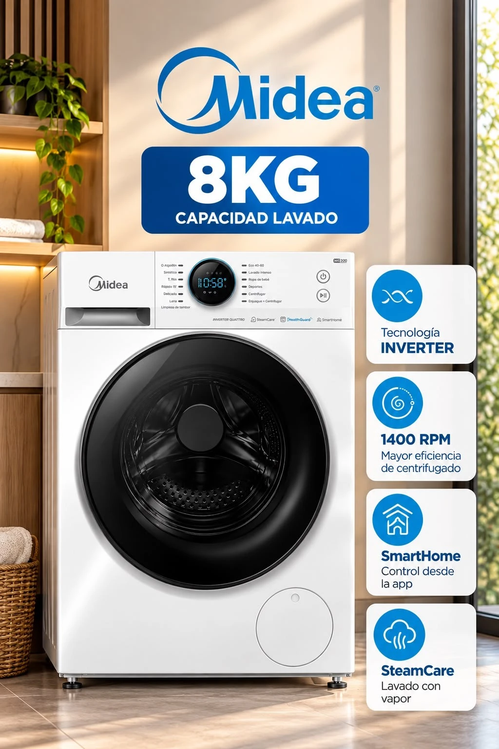LAVARROPAS MIDEA 8 KG MIDEA WI-FI BLANCO ‼️SOLO POR PEDIDOS ‼️ 