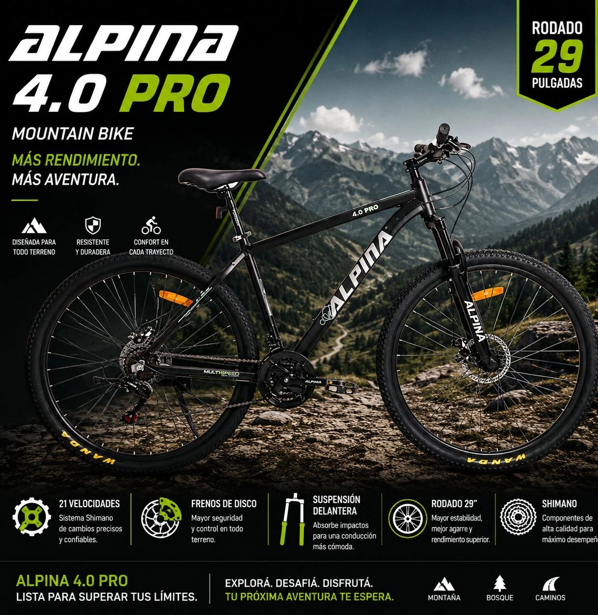 Bicicleta 4.0 Pro Alpina Mountain Bike Rodado 29 21 Vel Shimano Freno Disco*