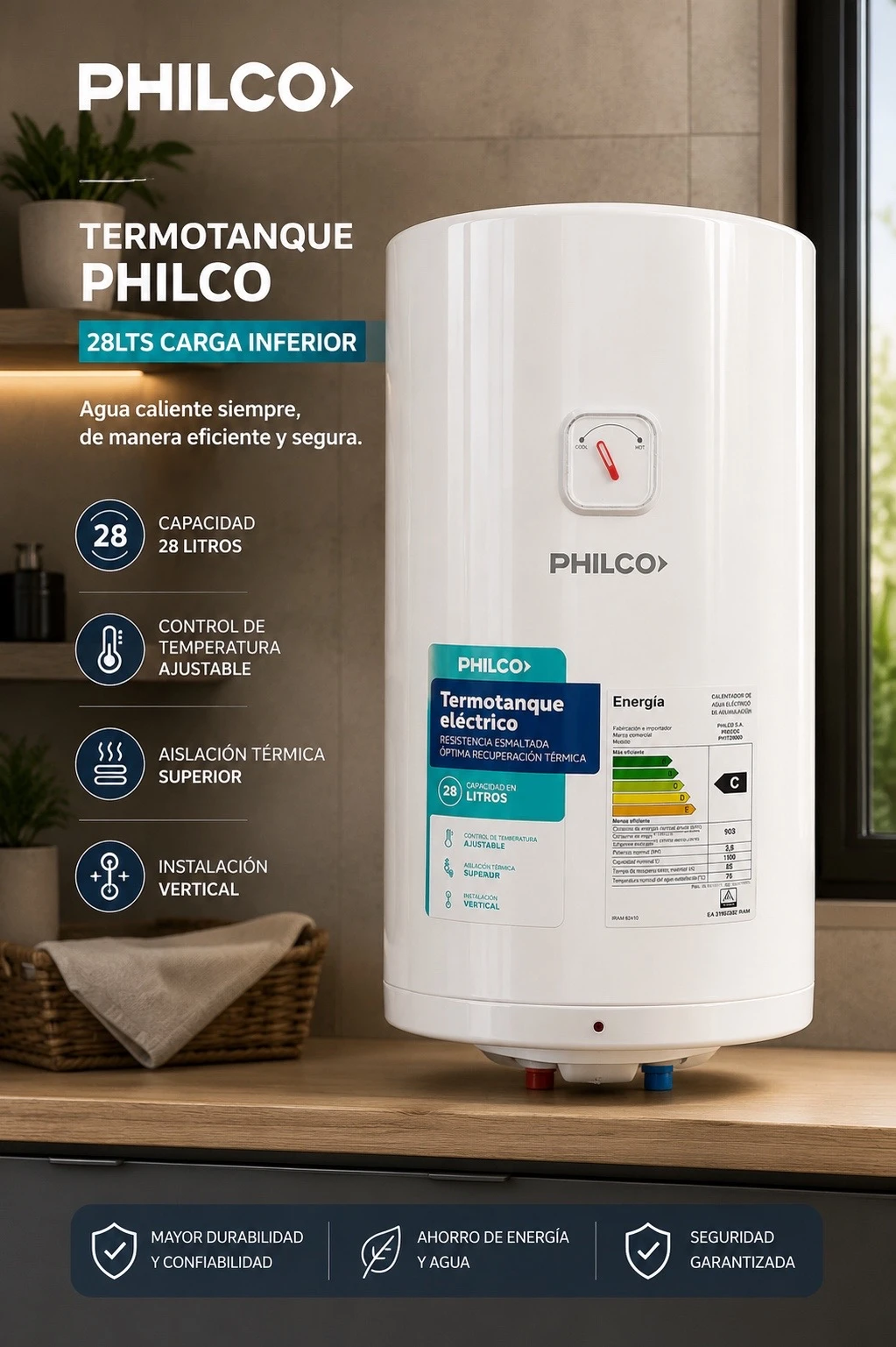 TERMOTANQUE ELECTRICO PHILCO 28LTS CARGA INFERIOR 