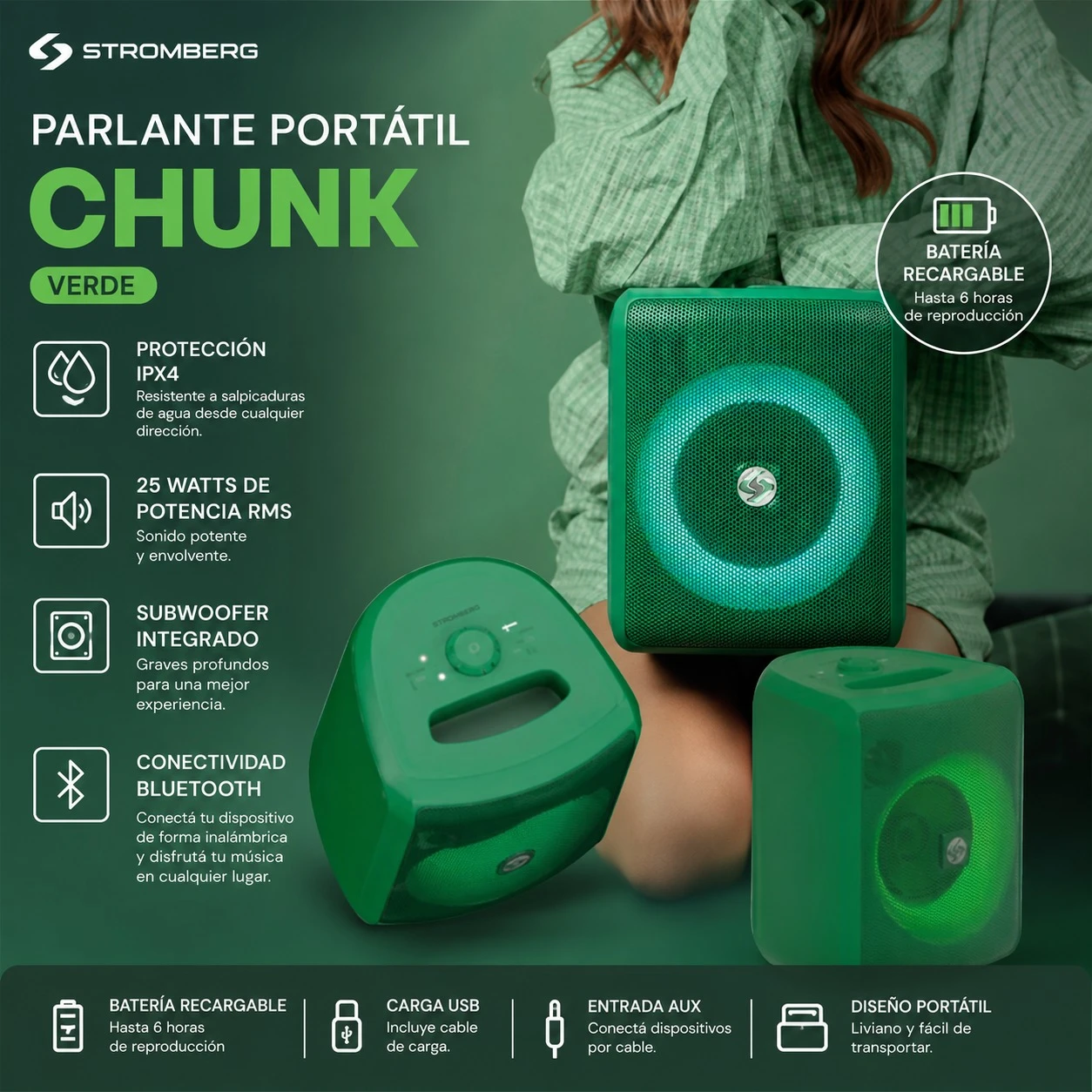 PARLANTE PORTÁTIL STROMBERG CHUNK VERDE