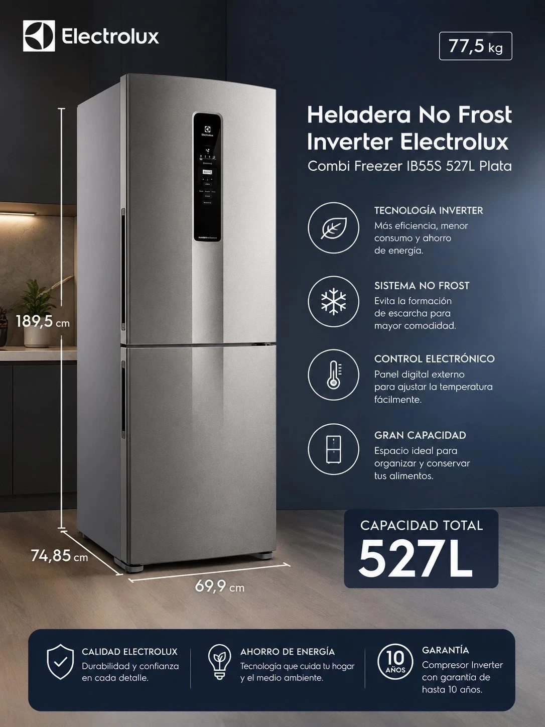 HELADERA NO FROST INVERTER ELECTROLUX COMBI FREEZER IB55S 527L PLATA