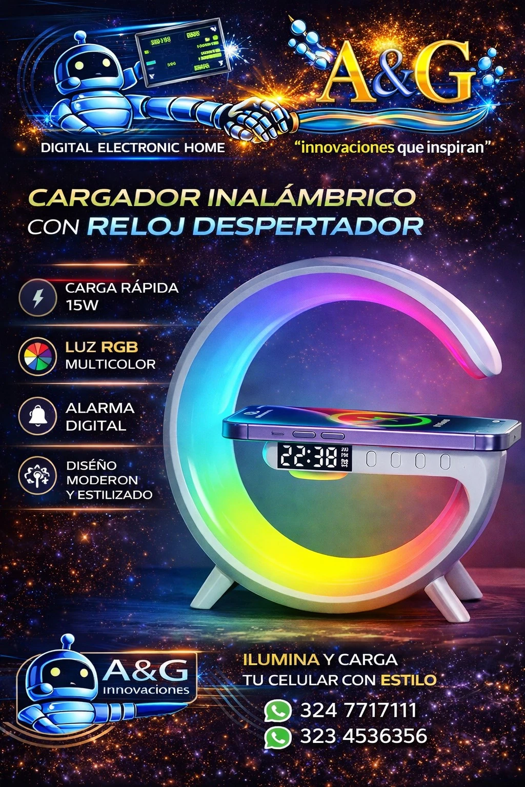 Altavoz inalámbrico con luces RGB y cargador inalámbrico 