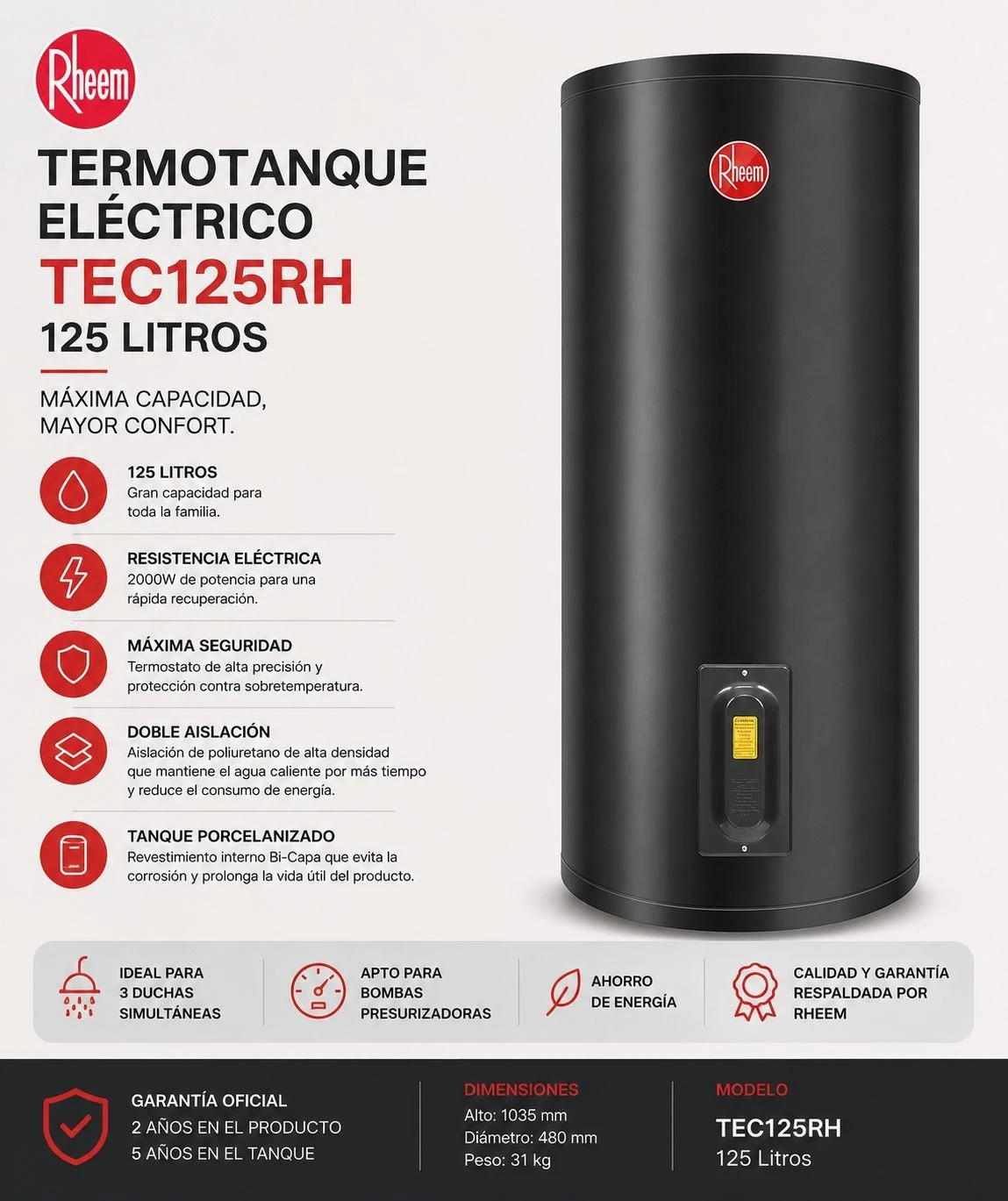 TERMOTANQUE ELÉCTRICO RHEEM TEC125RH 125 LITROS